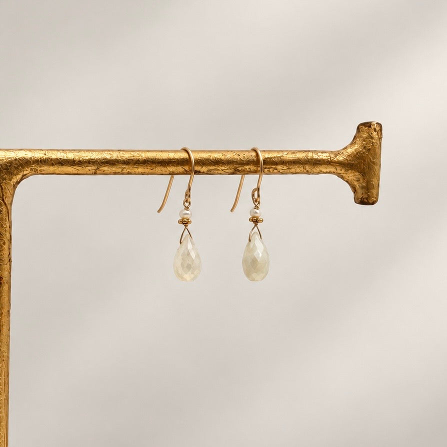 14k Gold Earrings w/ Mystic Corundum, Keshi Pearls & 18k Gold Nugget