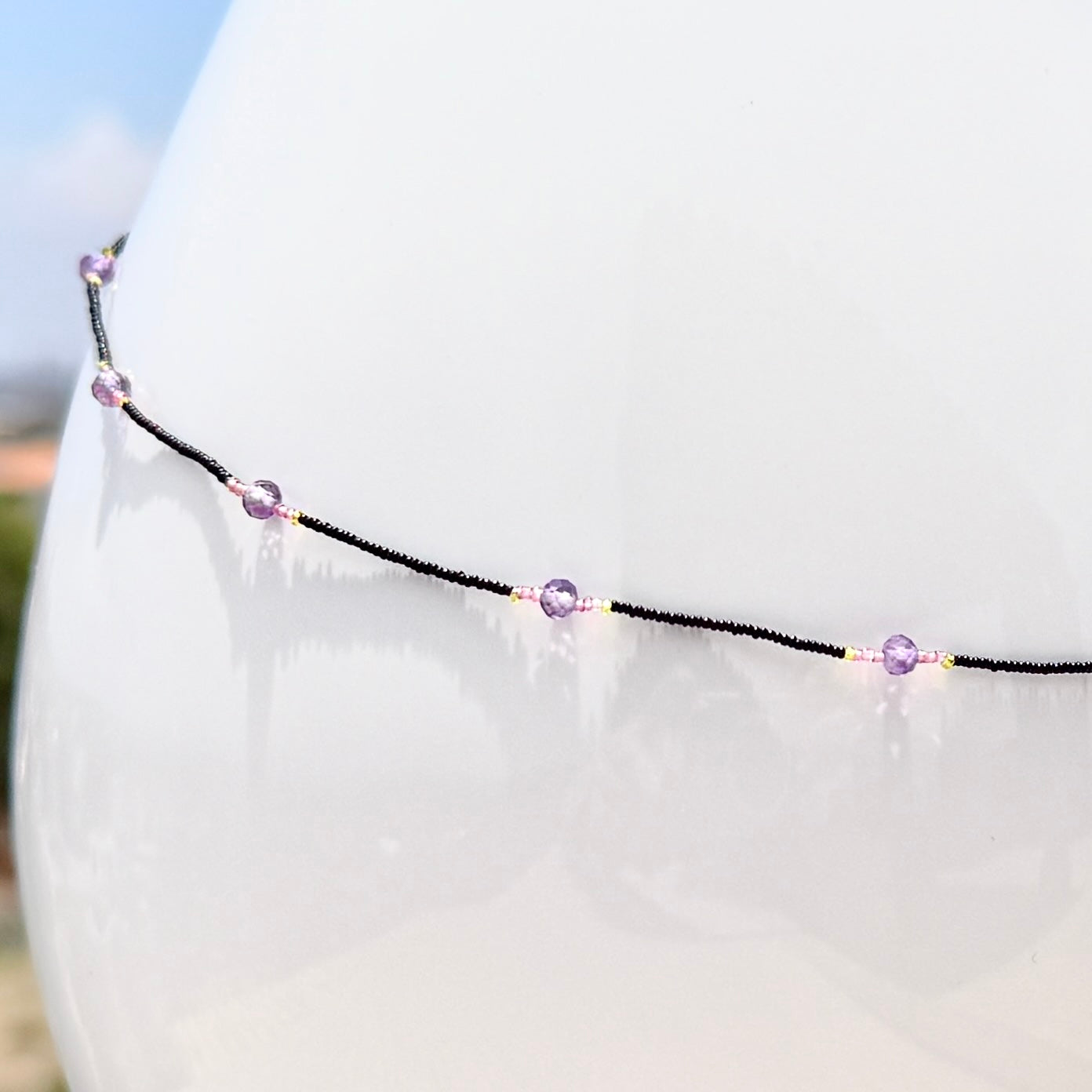 String Beaded Necklace w/ Amethyst & Antique Italian Glass