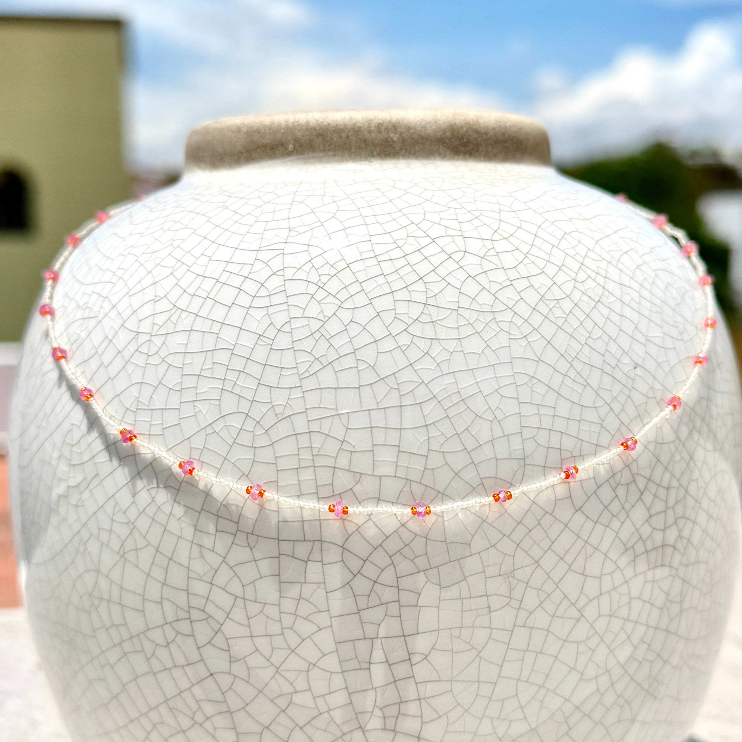 String Beaded Necklace w/ Pink Sapphires & Antique Italian Beads