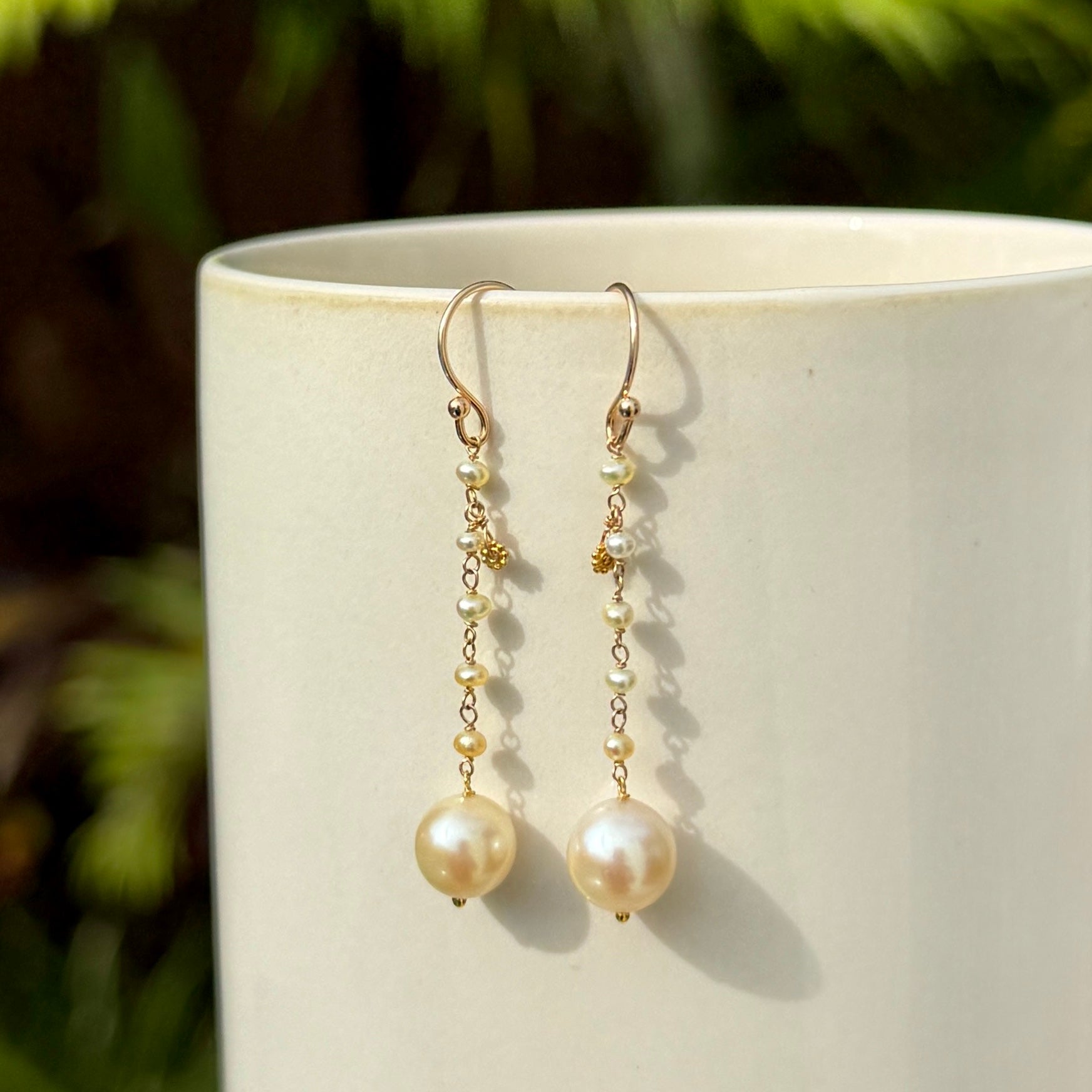 14k Gold Earrings w/ Cream Akoya Pearls, 18k Gold Daisy & 18k Gold Loop