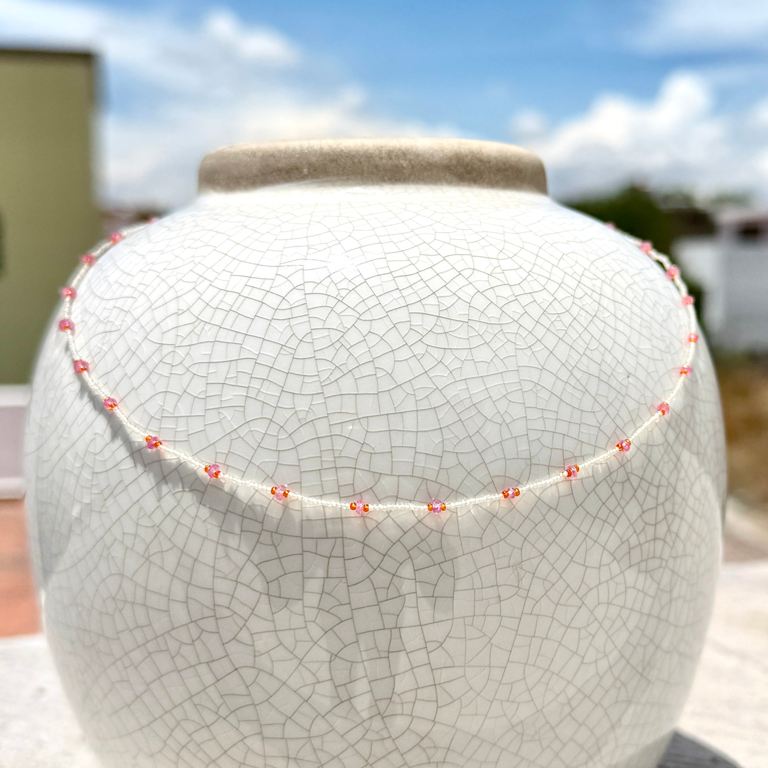 String Beaded Necklace w/ Pink Sapphires & Antique Italian Beads