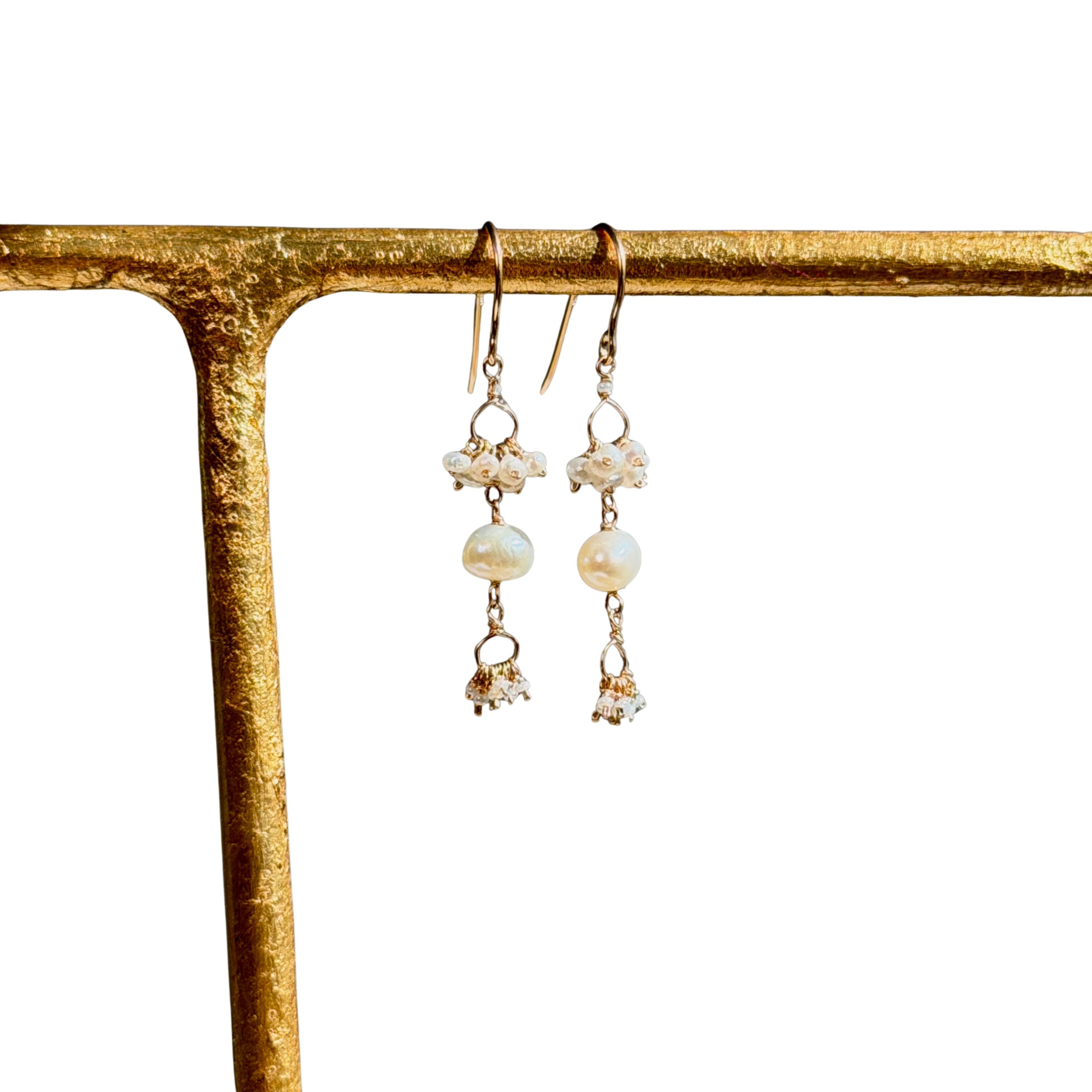 14k Gold Earrings w/ Japenese Akoya Pearl, Freshwater Pearls & Antique Italian Beads