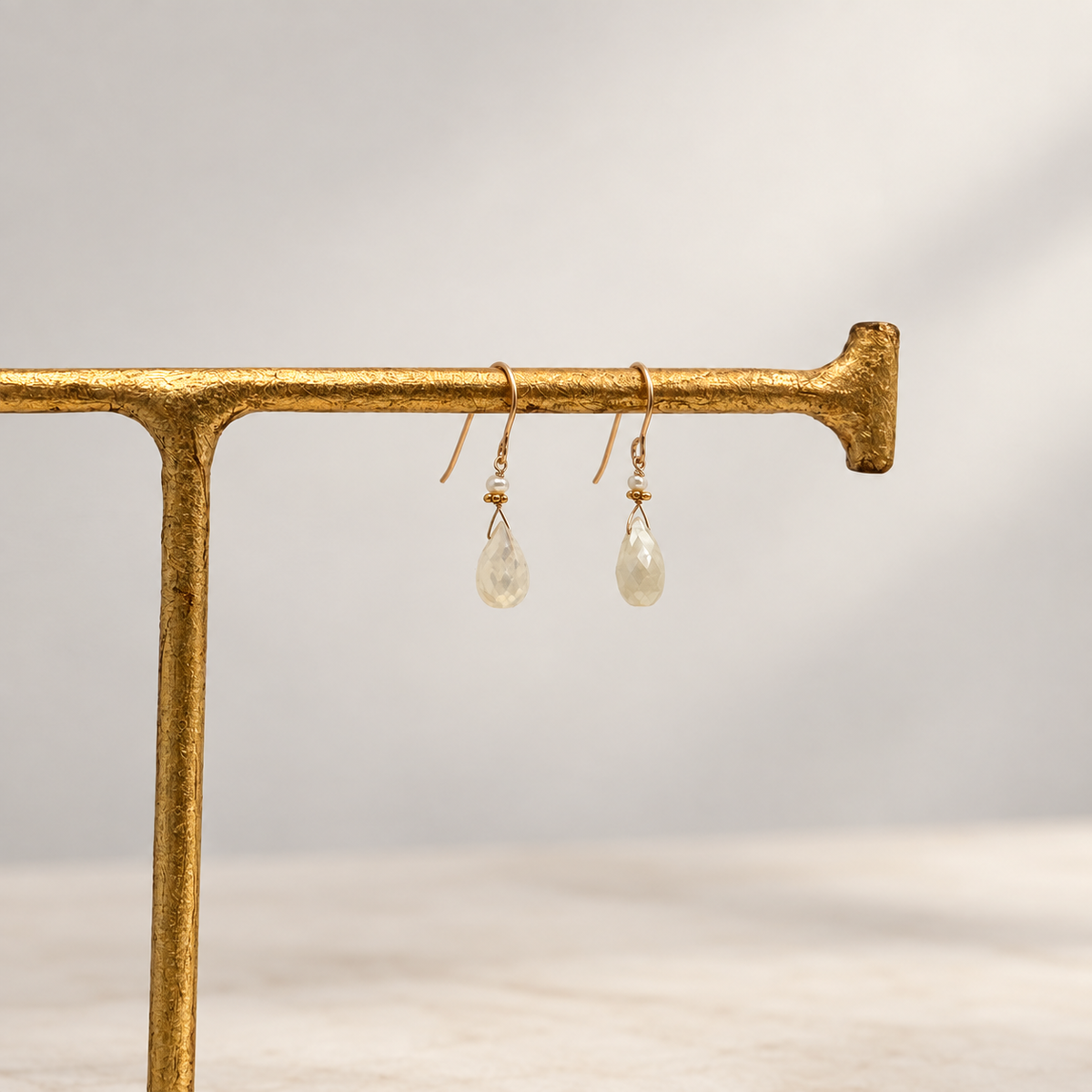 14k Gold Earrings w/ Mystic Corundum, Keshi Pearls & 18k Gold Nugget