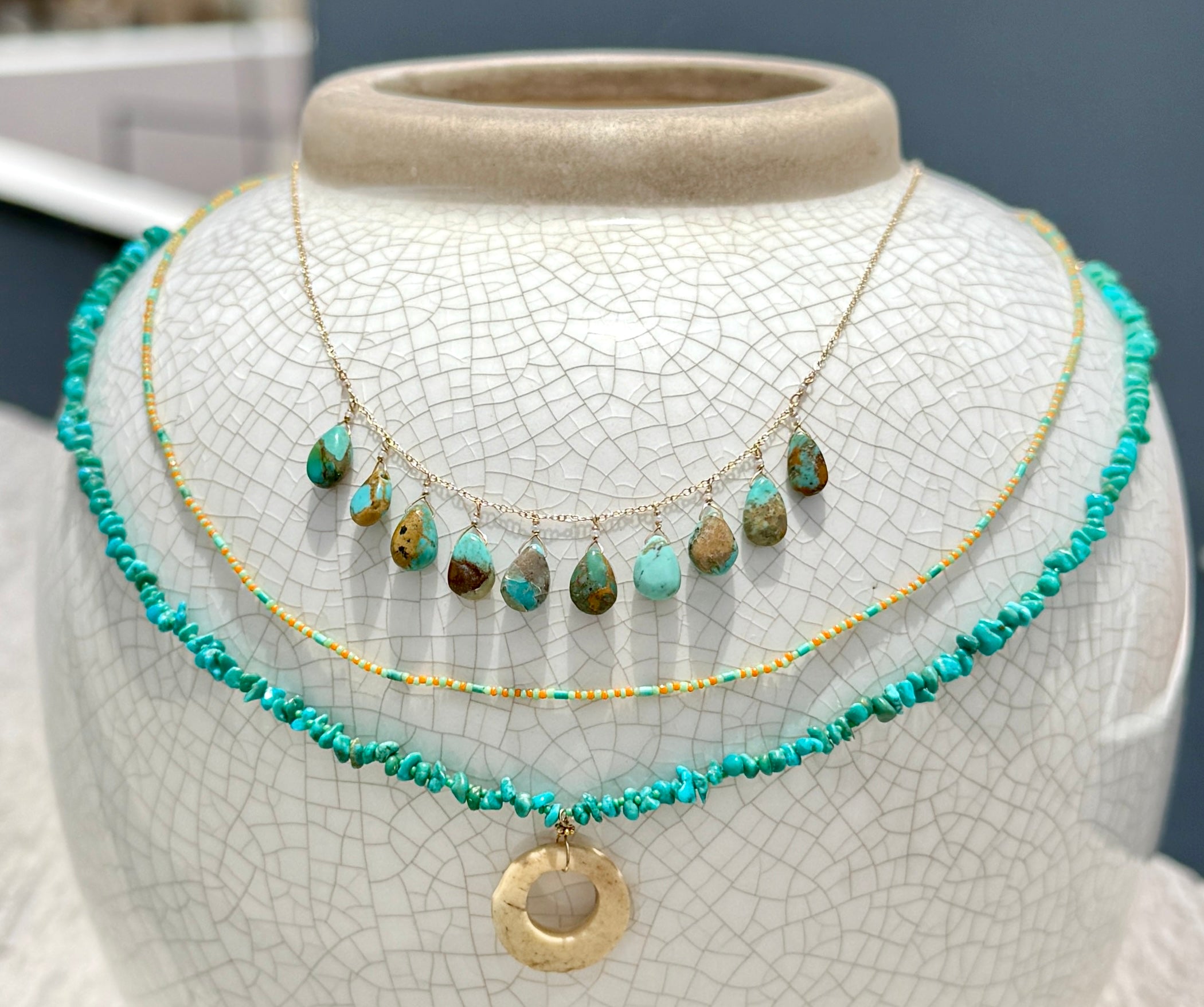 String Beaded Necklace w/ Antique Italian Beads & Afghan Turquoise