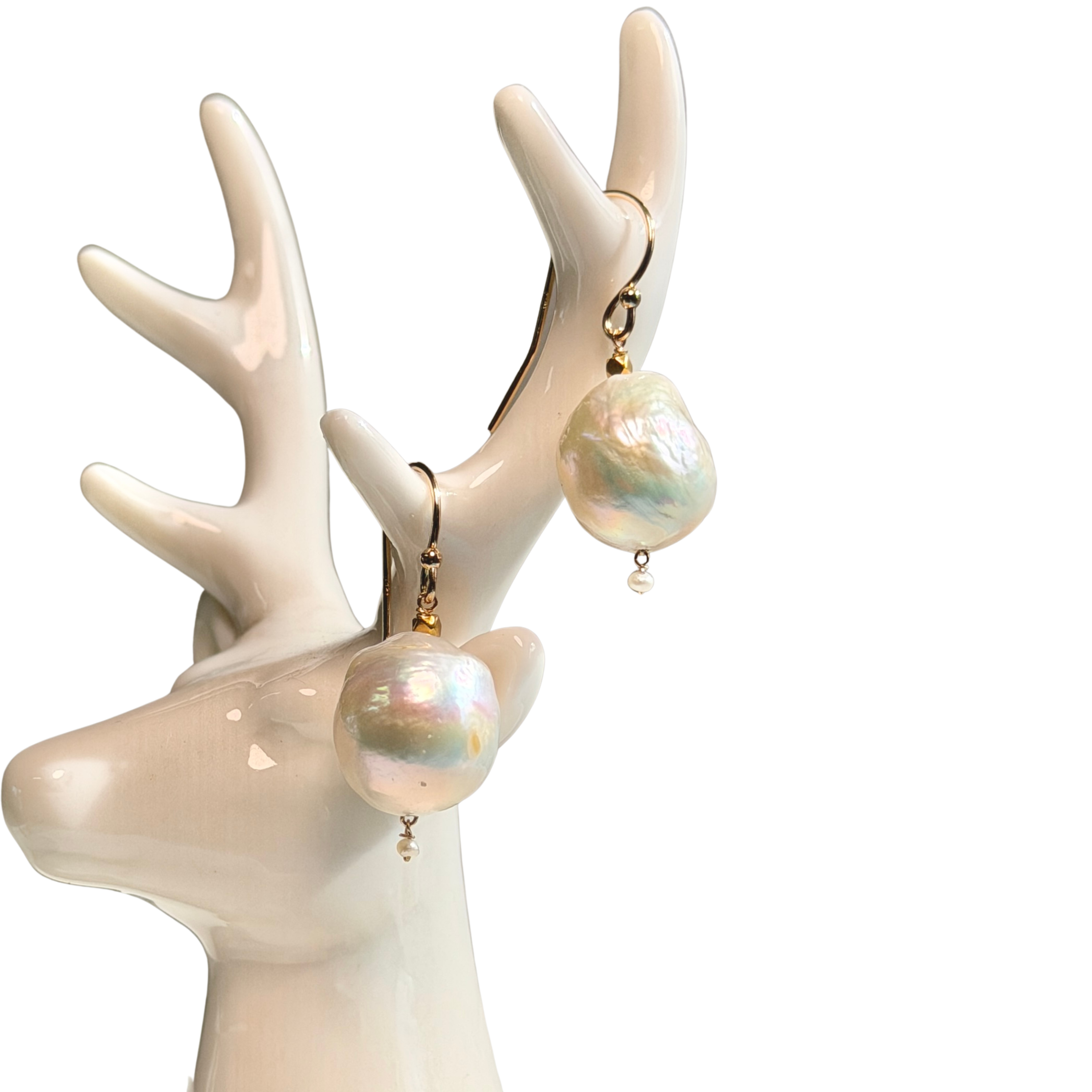 14k Gold Earrings w/ Edison Pearls & 18k Gold Nugget