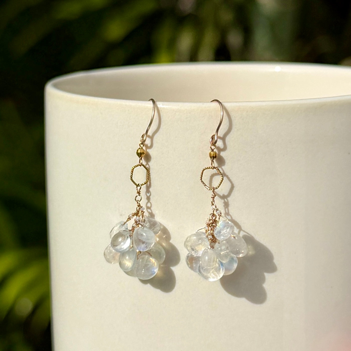 14k Gold Earrings w/ Moonstone, 18k Gold Loop & 18k Gold Nugget