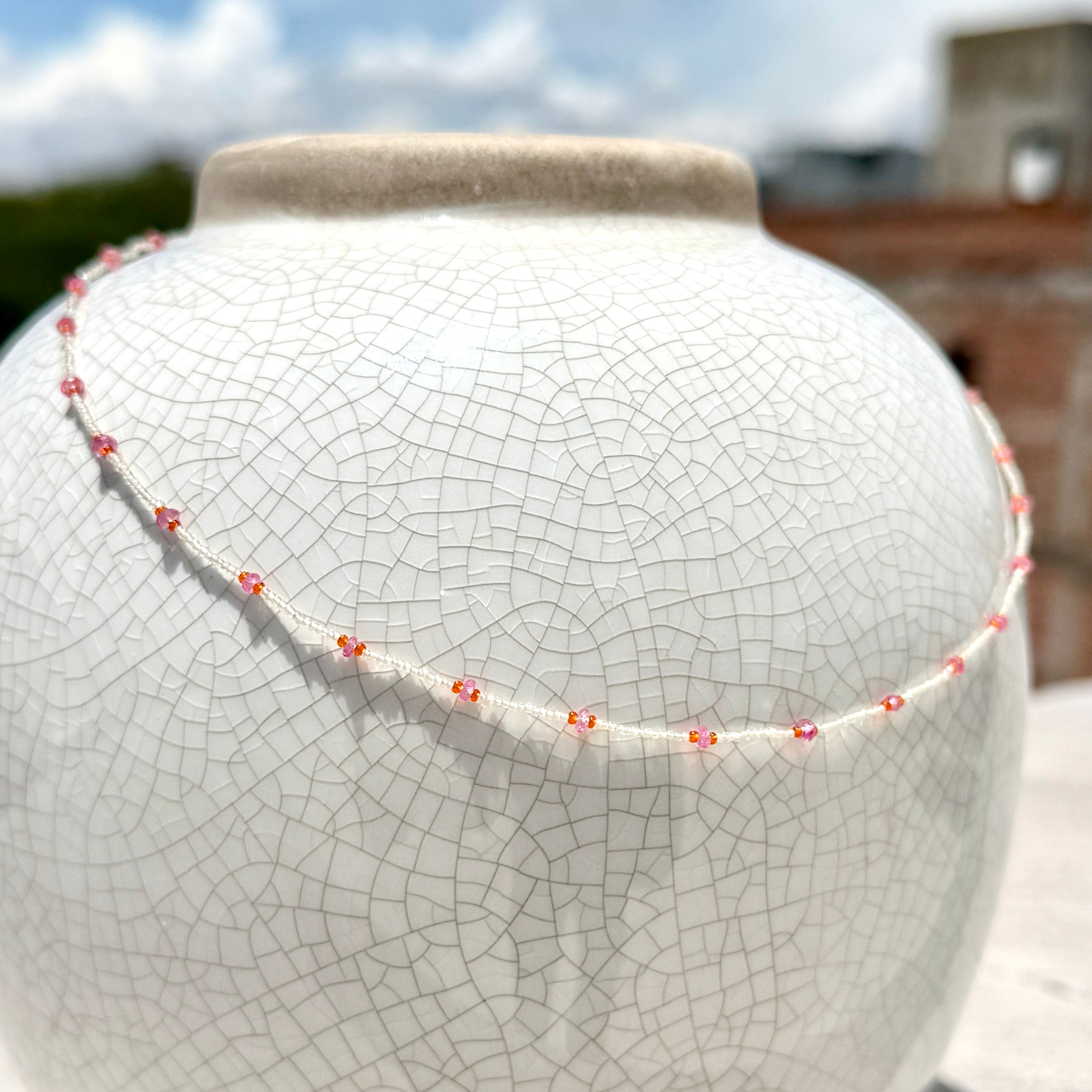 String Beaded Necklace w/ Pink Sapphires & Antique Italian Beads