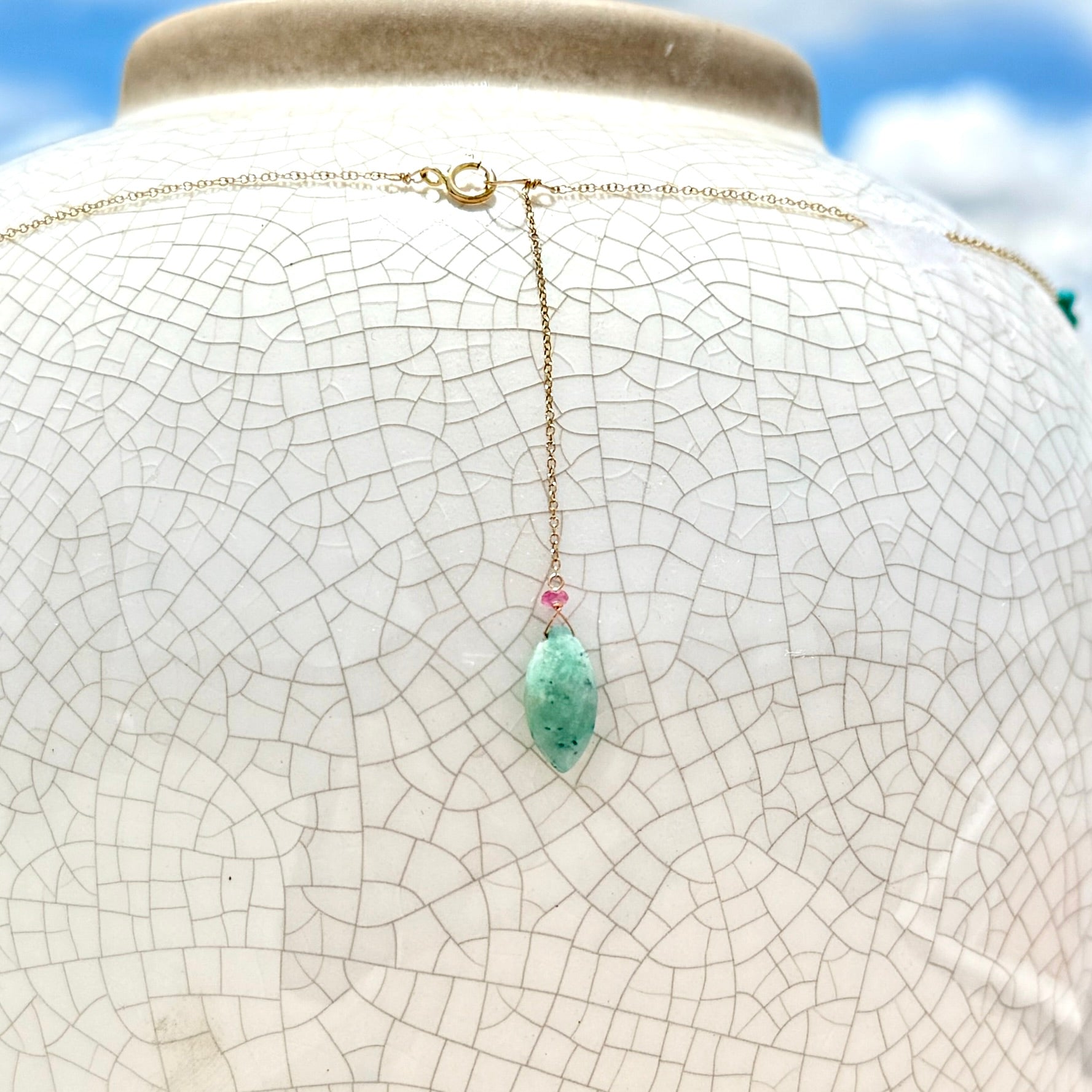 String Beaded 14k Gold Necklace w/ Pre-Columbian Bone, 18k Gold Nugget & Turquoise Chips