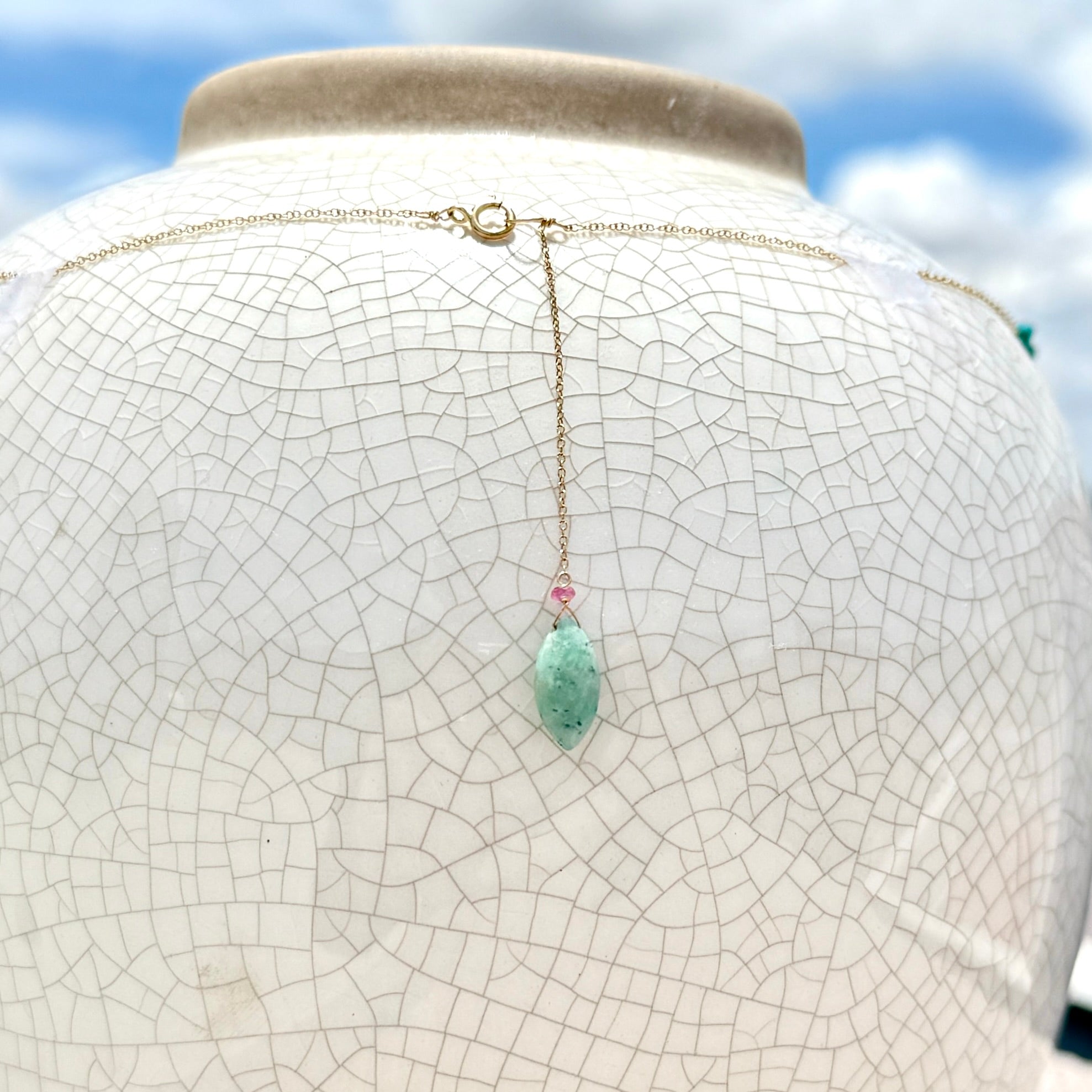 String Beaded 14k Gold Necklace w/ Pre-Columbian Bone, 18k Gold Nugget & Turquoise Chips