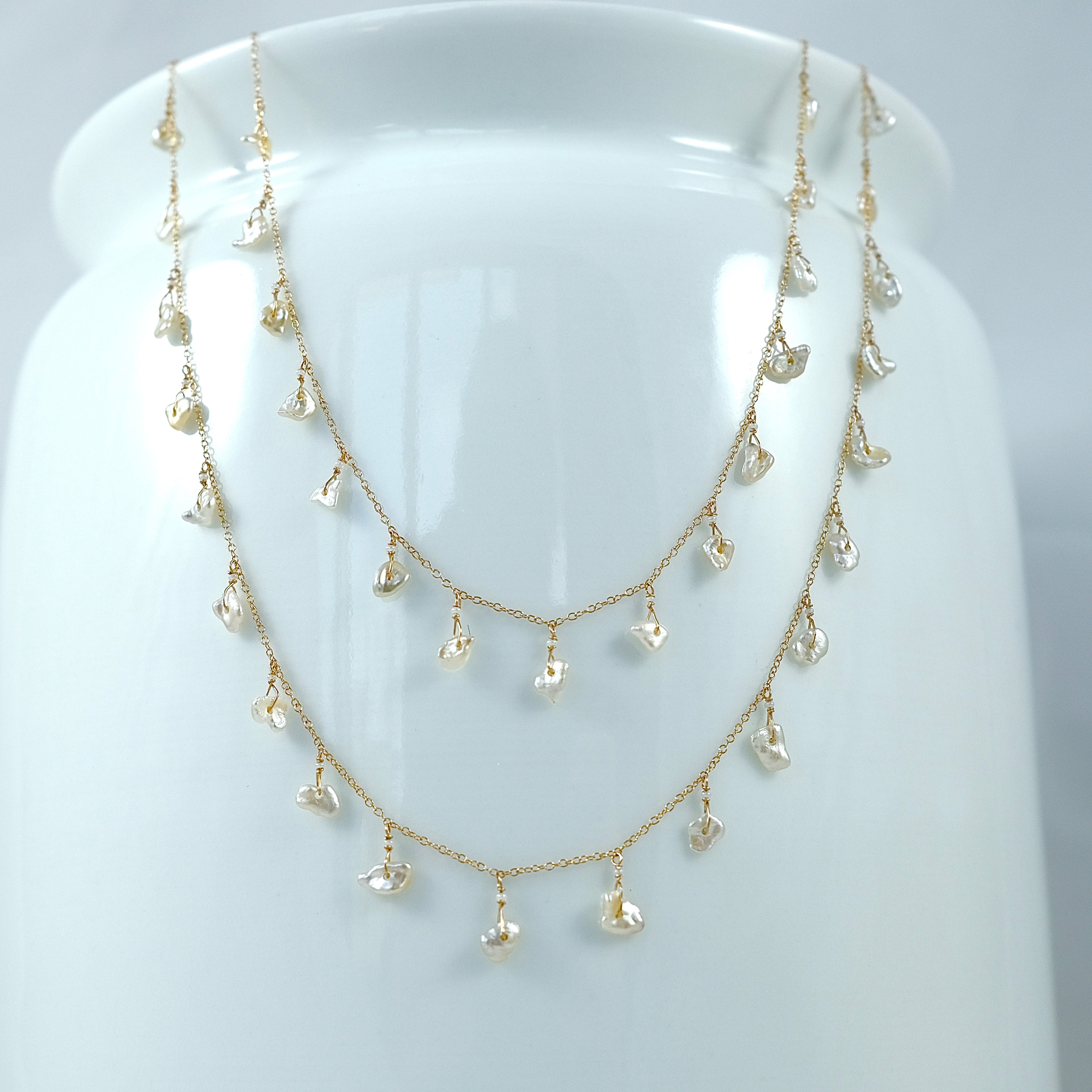 14k Gold Chain Necklace w/ Japanese Akoya Pearls / Saltwater Keshi Pearls & Antique Italian Beads