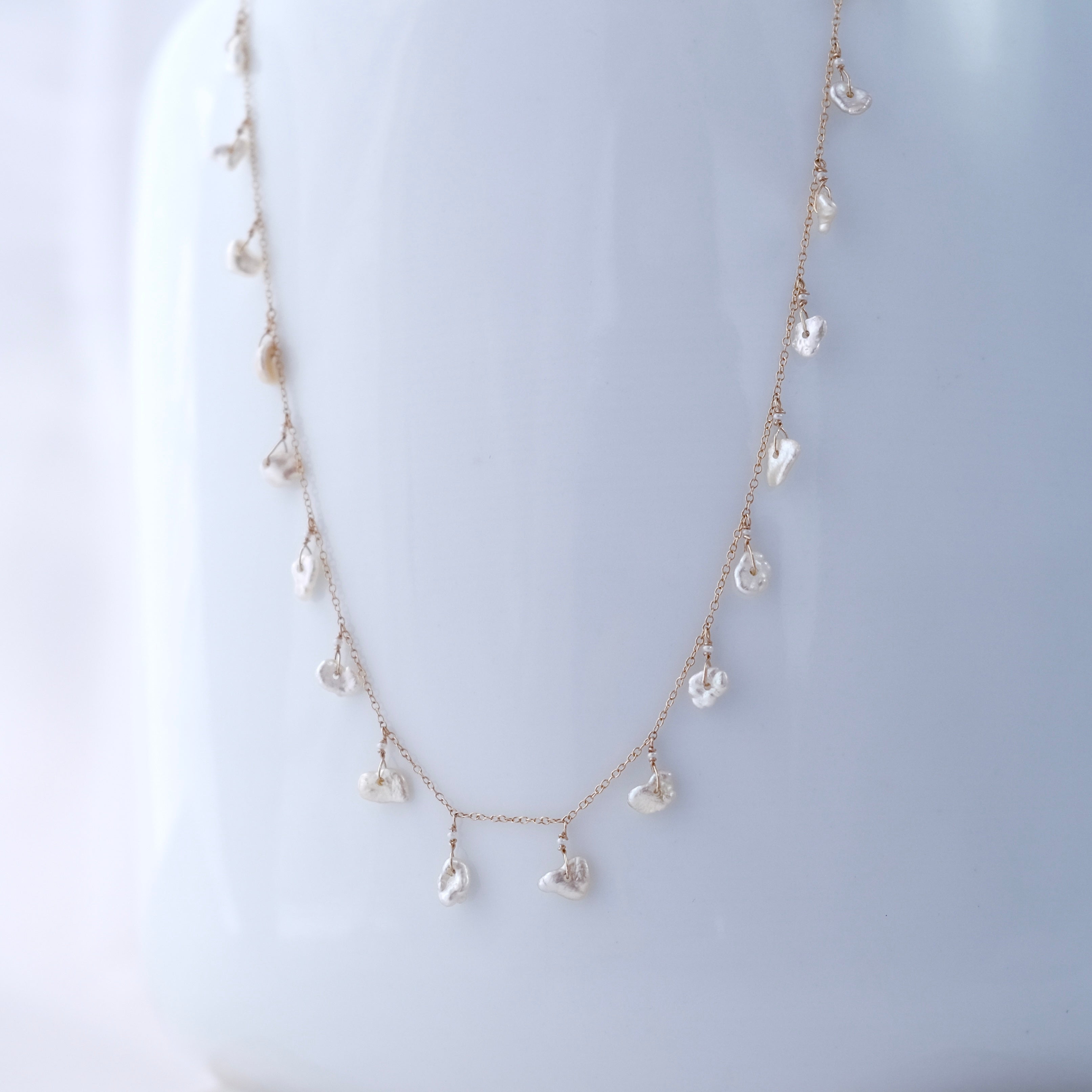 14k Gold Chain Necklace w/ Japanese Akoya Pearls / Saltwater Keshi Pearls & Antique Italian Beads