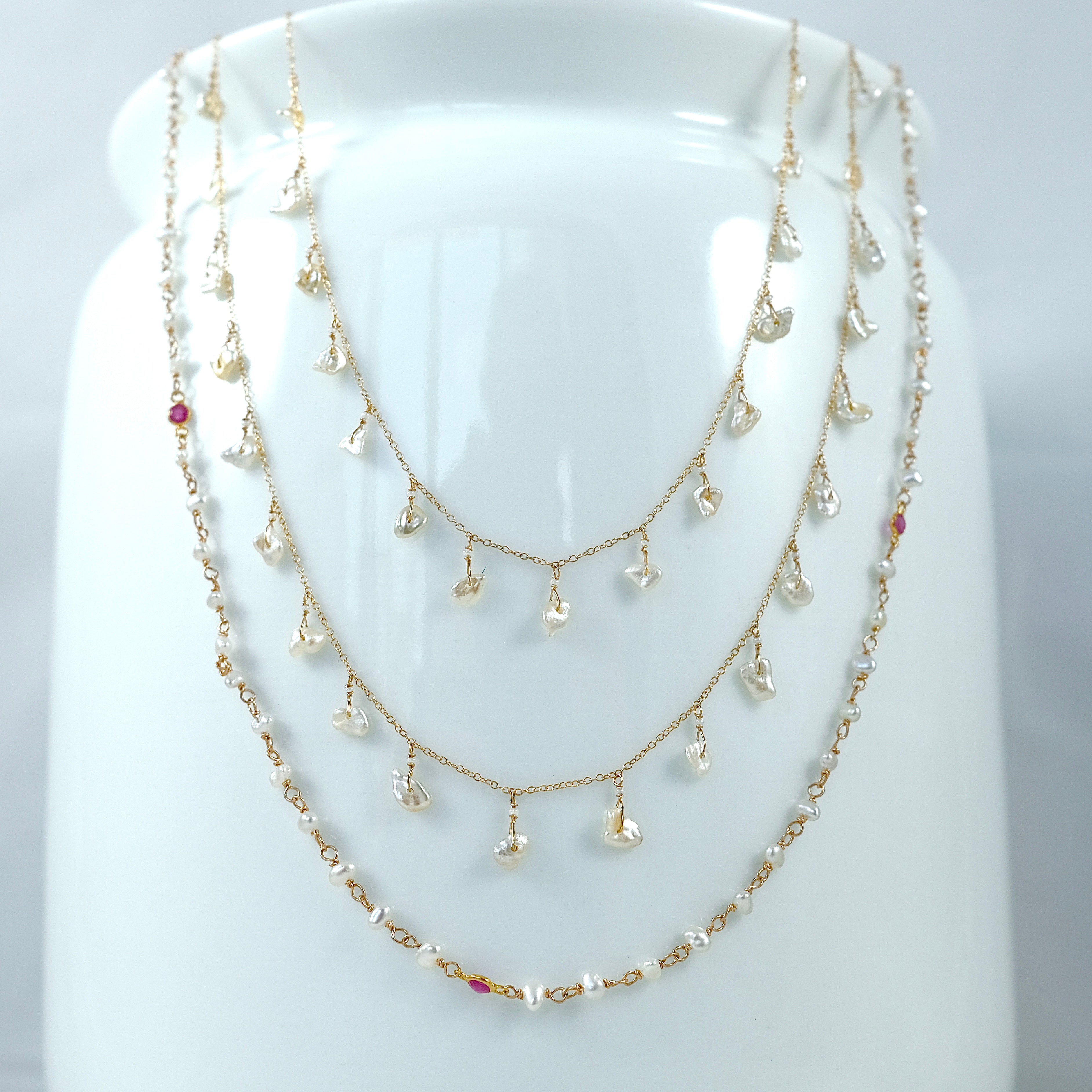 14k Gold Chain Necklace w/ Japanese Akoya Pearls / Saltwater Keshi Pearls & Antique Italian Beads