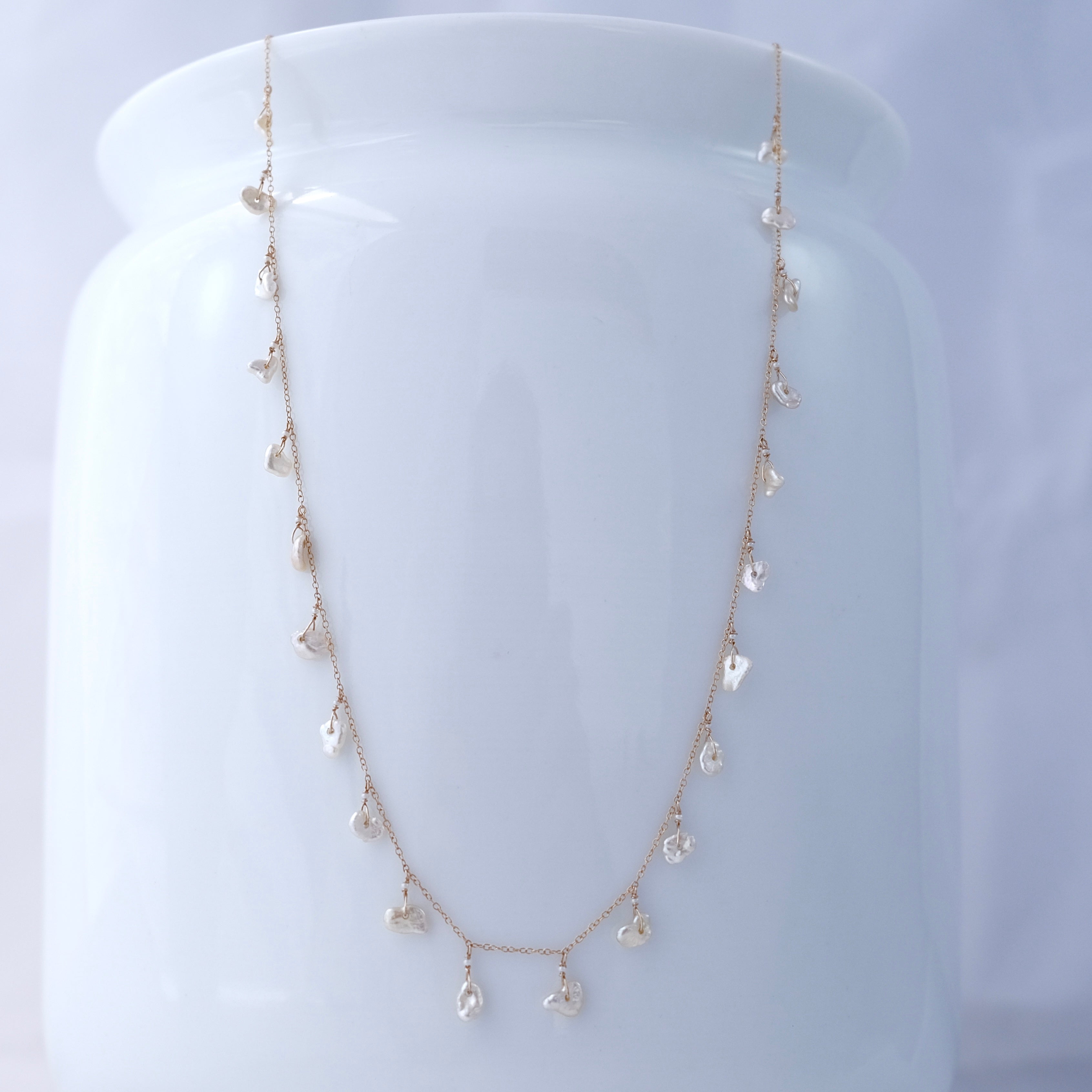 14k Gold Chain Necklace w/ Japanese Akoya Pearls / Saltwater Keshi Pearls & Antique Italian Beads