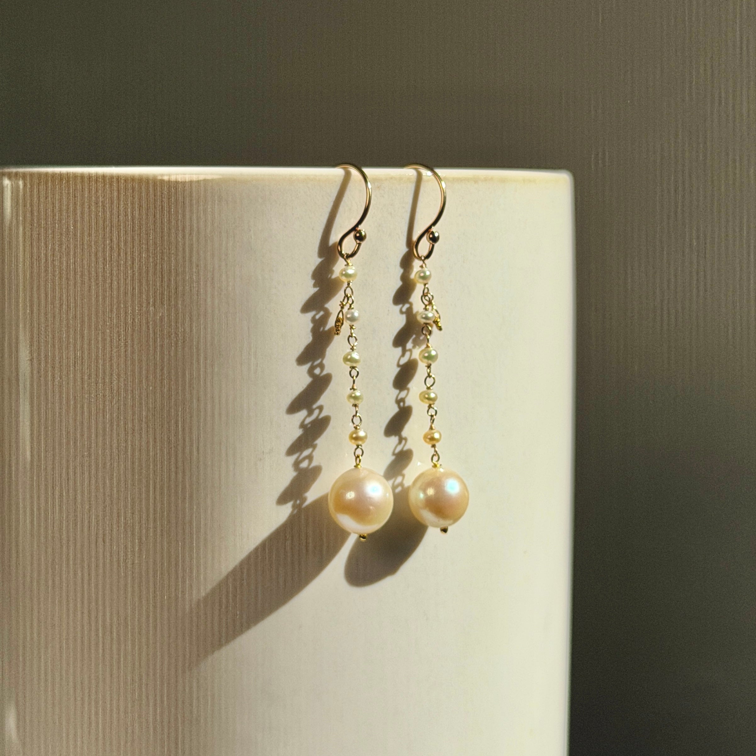 14k Gold Earrings w/ Cream Akoya Pearls, 18k Gold Daisy & 18k Gold Loop