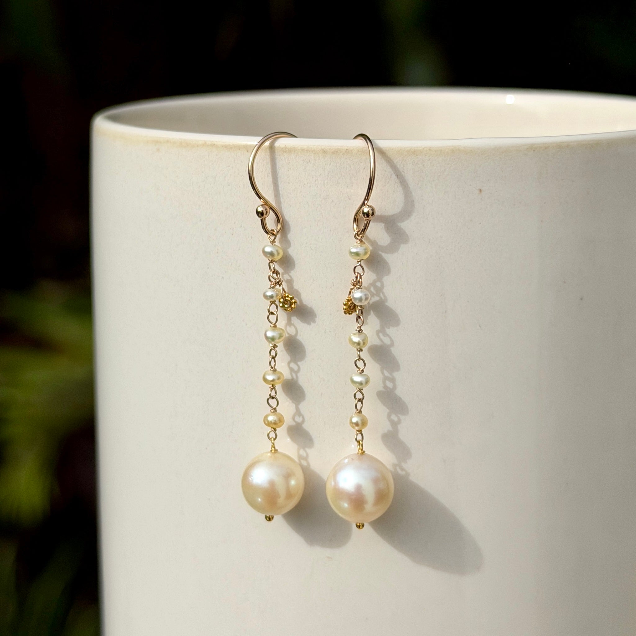 14k Gold Earrings w/ Cream Akoya Pearls, 18k Gold Daisy & 18k Gold Loop