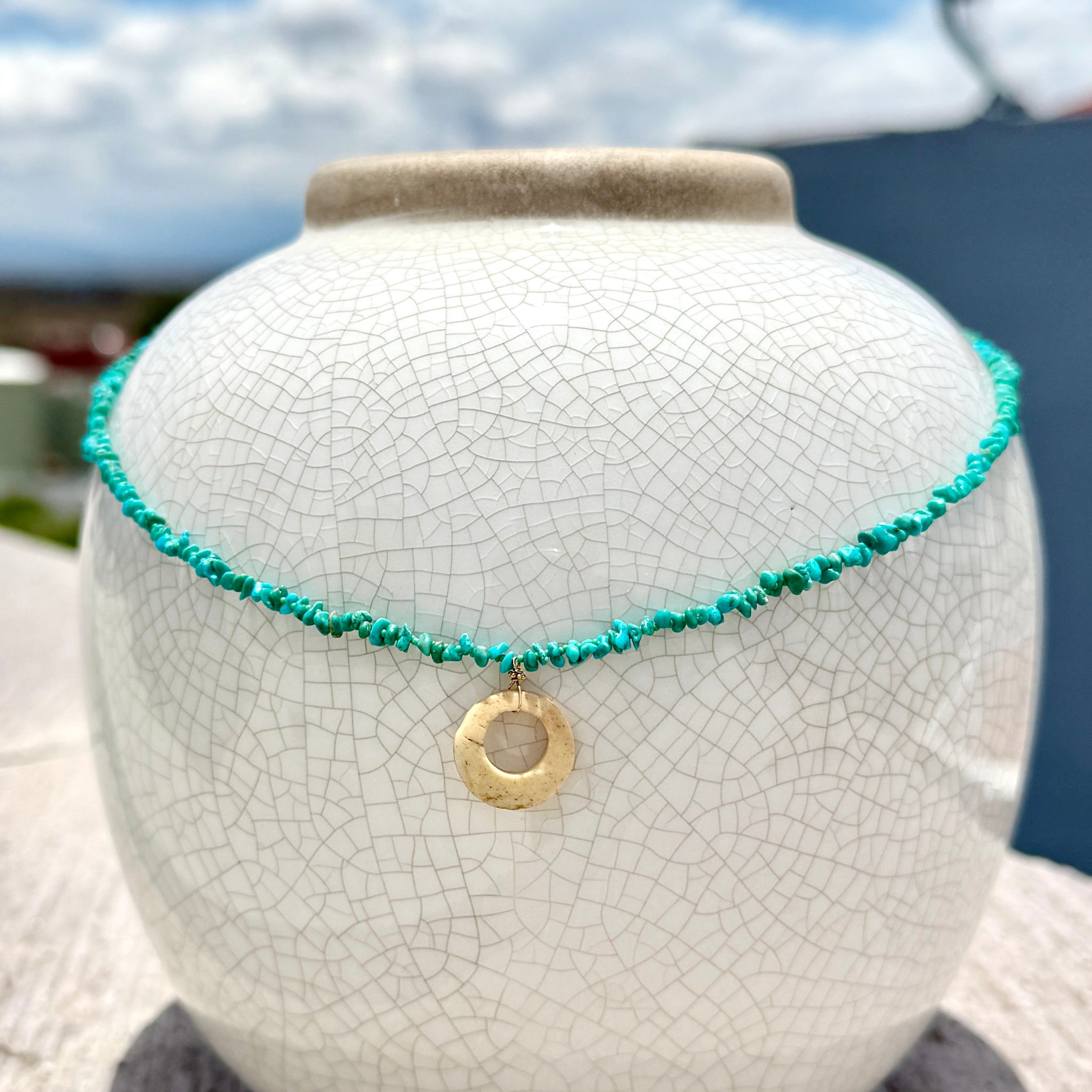 String Beaded 14k Gold Necklace w/ Pre-Columbian Bone, 18k Gold Nugget & Turquoise Chips