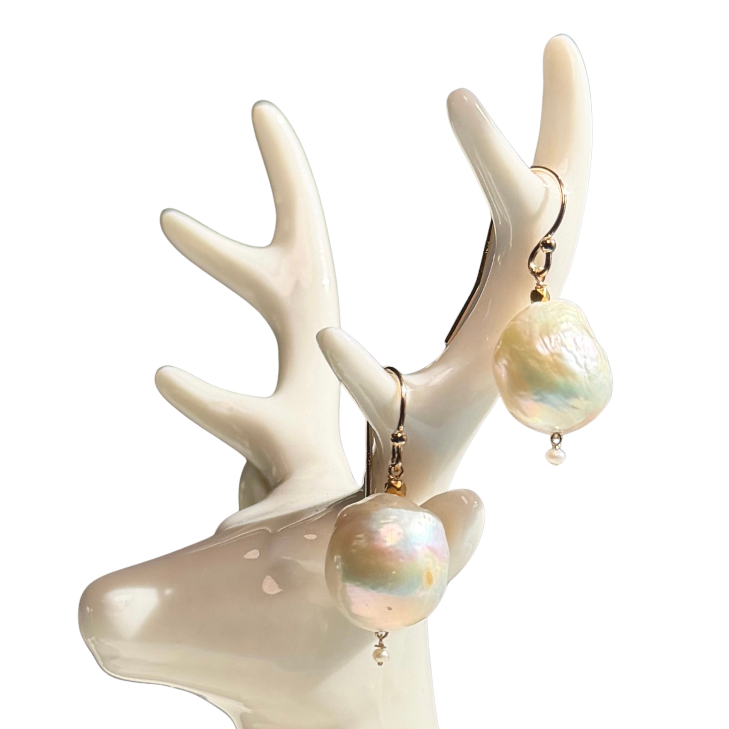 14k Gold Earrings w/ Edison Pearls & 18k Gold Nugget