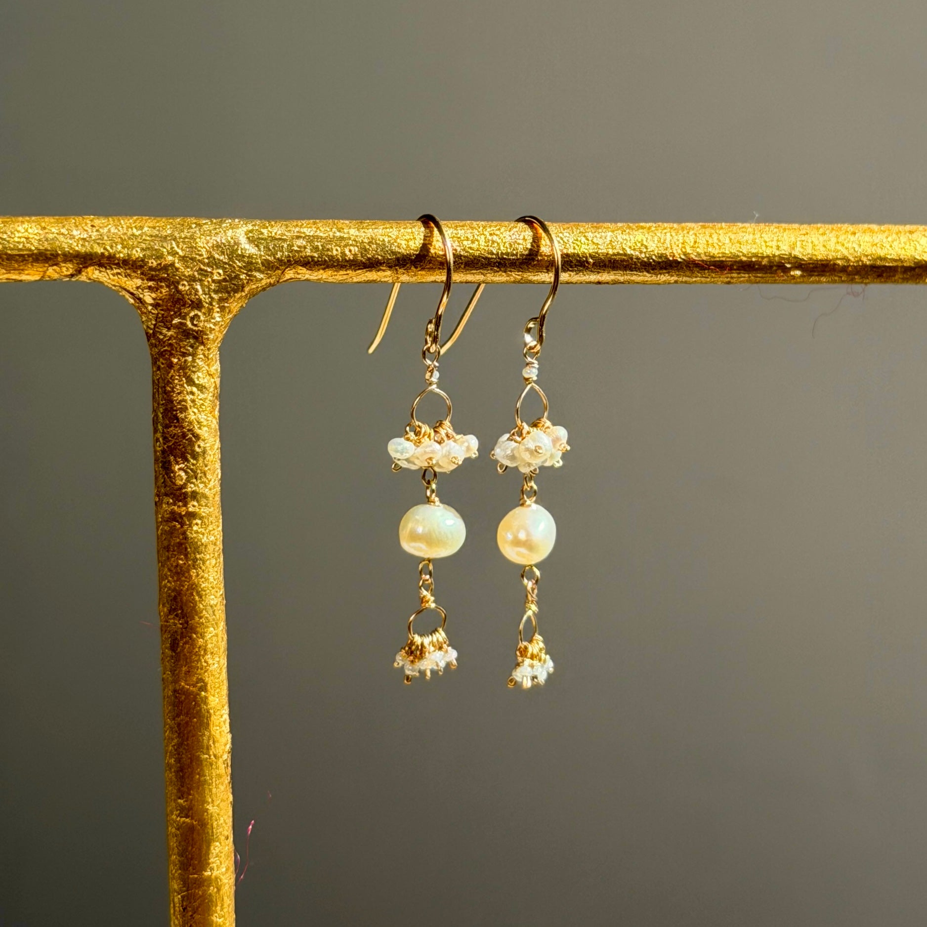 14k Gold Earrings w/ Japenese Akoya Pearl, Freshwater Pearls & Antique Italian Beads