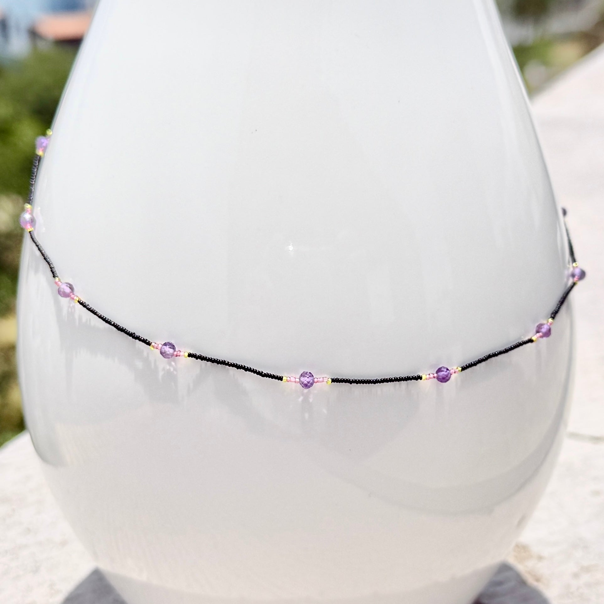 String Beaded Necklace w/ Amethyst & Antique Italian Glass
