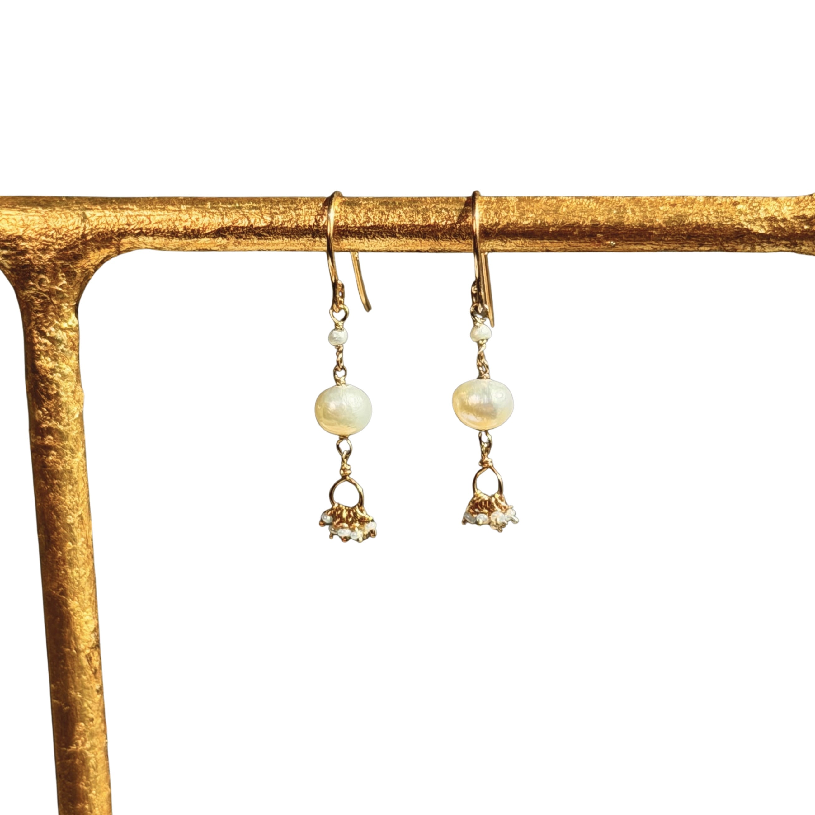 14k Gold Earrings w/ Japanese Akoya Pearls, Freshwater Pearls & Antique Italian Beads