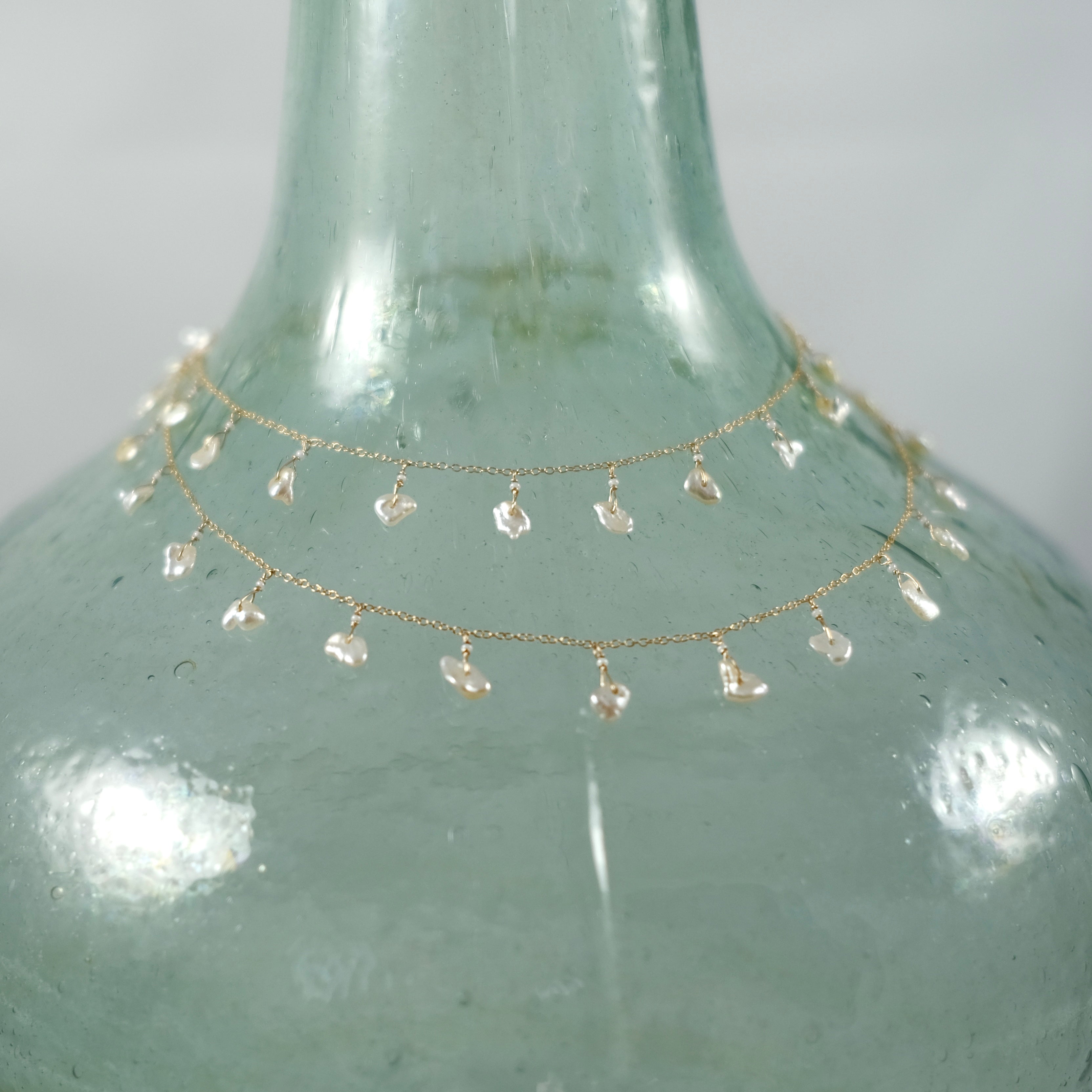 14k Gold Chain Necklace w/ Japanese Akoya Pearls / Saltwater Keshi Pearls & Antique Italian Beads