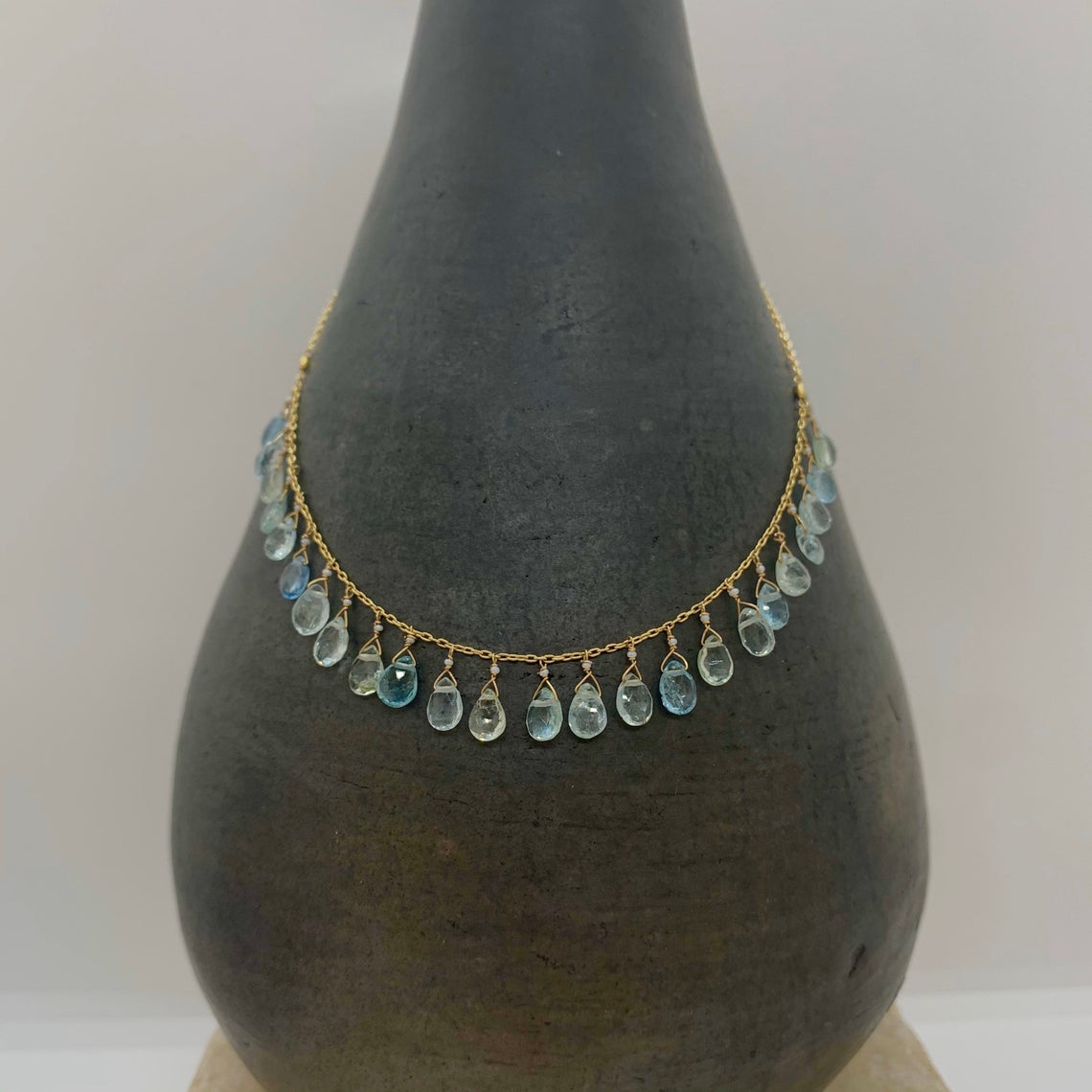 14k Gold Chain Necklace w/ Freshwater Pearl, Aquamarine, Antique Italian Beads & 18k Gold Nuggets