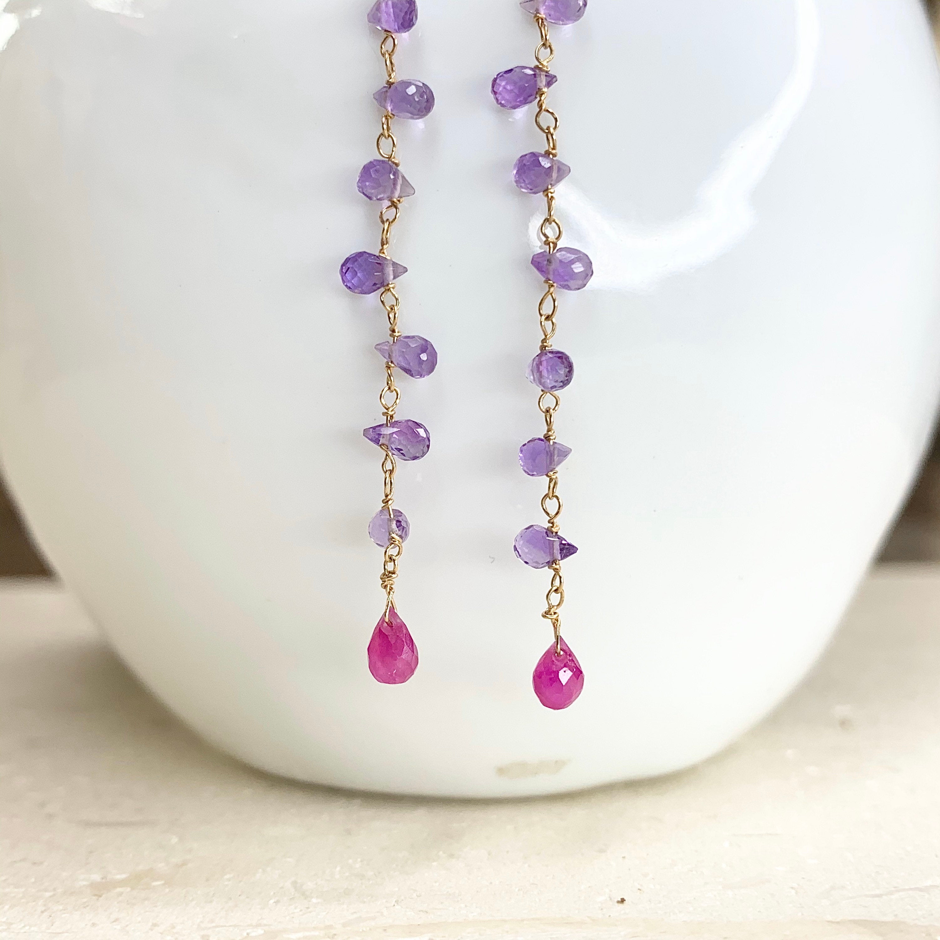 14k Gold Earrings w/ Amethyst & Pink Sapphire Drop