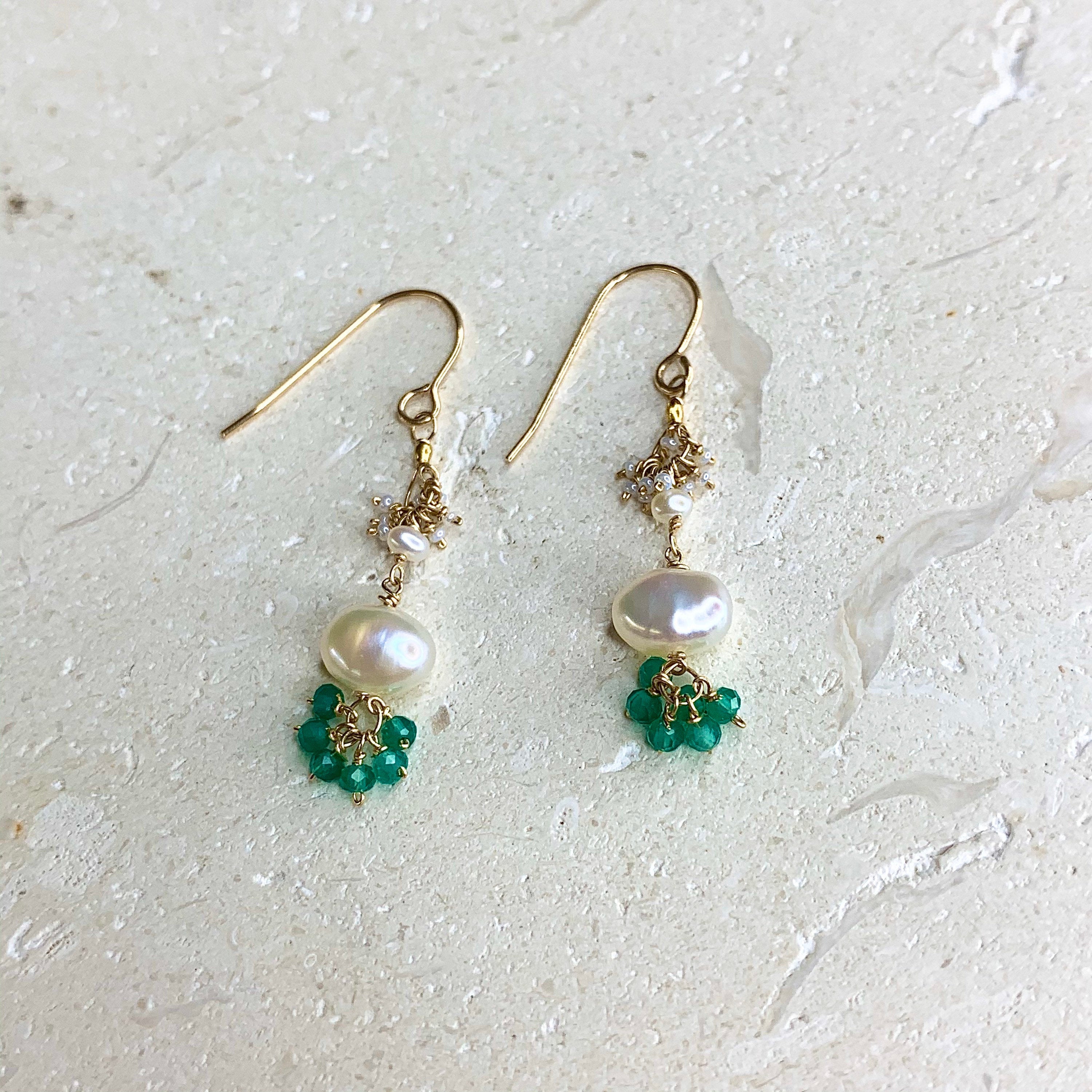 14k Gold Earrings w/ Kyanite, Freshwater Pearls, 18k Gold Nugget & Antique Italian Beads