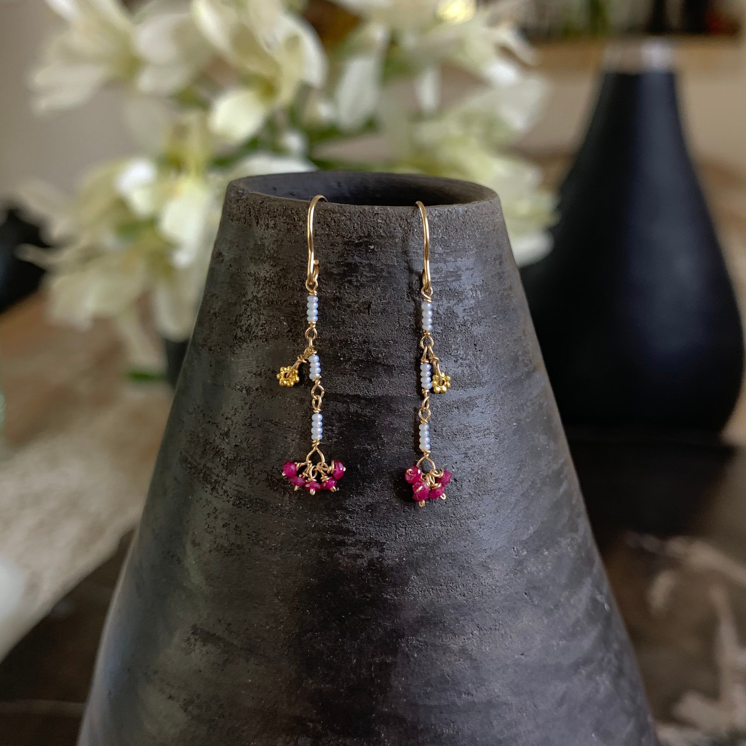 14k Gold Earrings w/ Rubies, 18k Gold Daisy & Antique Italian Beads