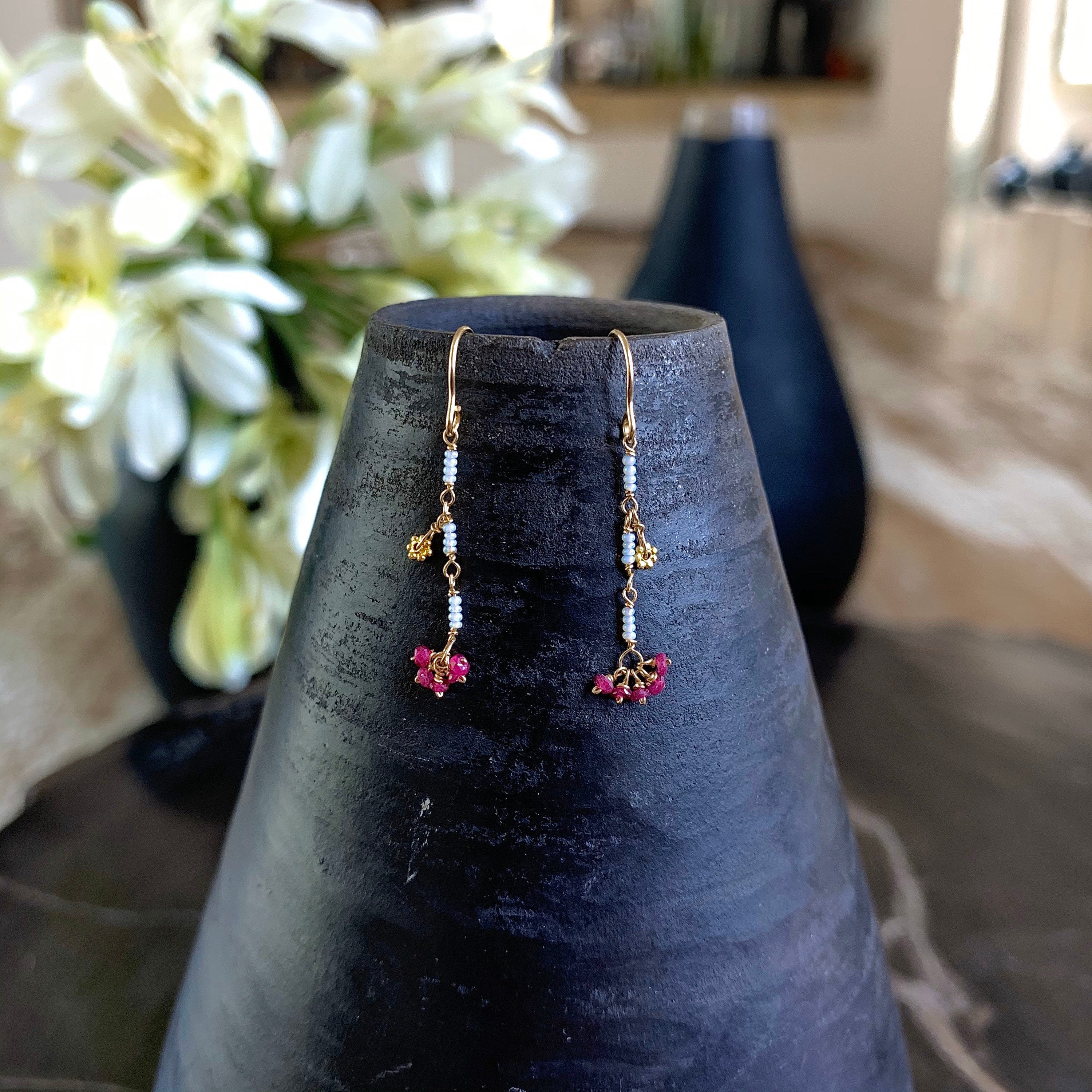 14k Gold Earrings w/ Rubies, 18k Gold Daisy & Antique Italian Beads