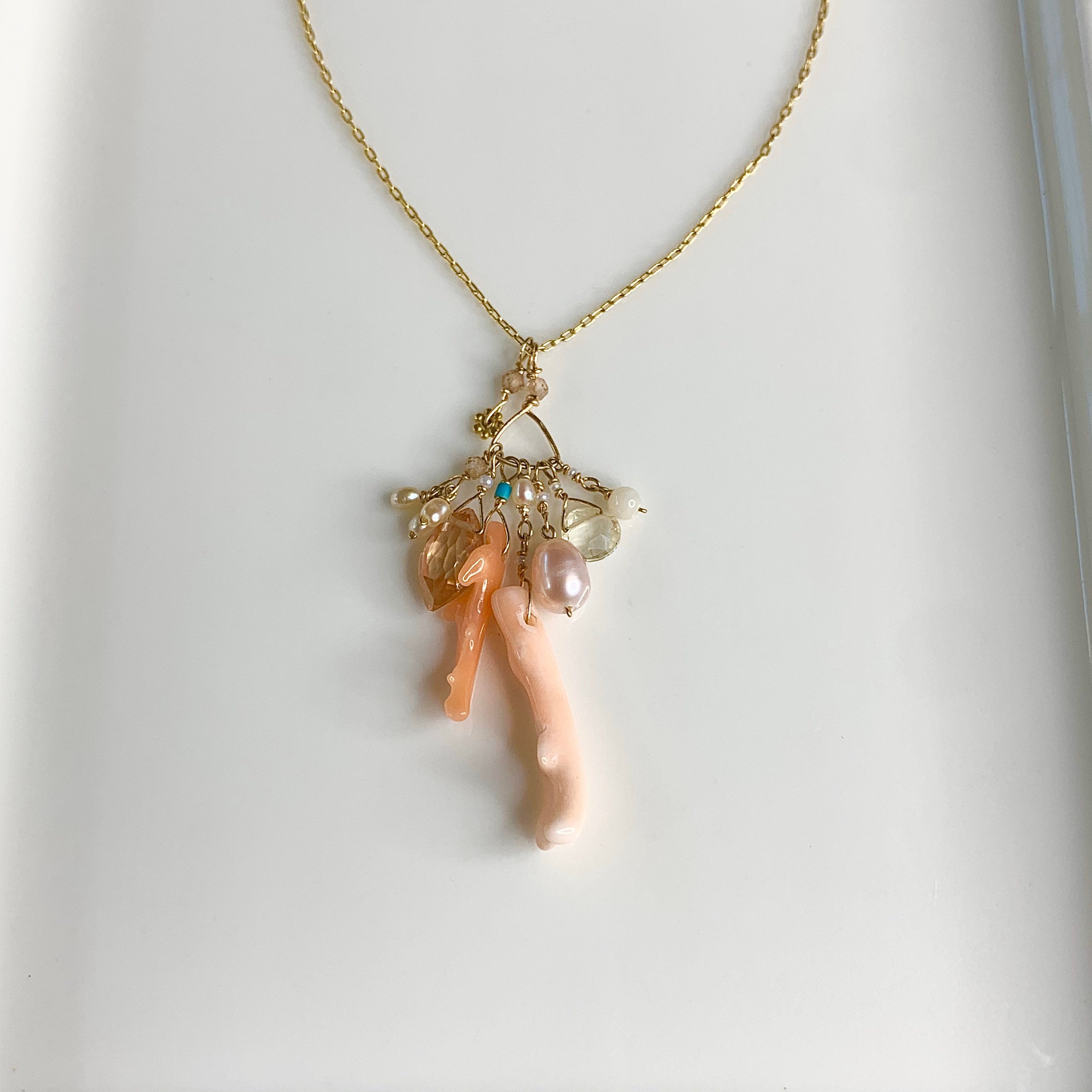 14k Gold Chain Necklace w/ 18k Gold Daisy, Coral, Freshwater Pearls, Cubic Zirconia, Quartz, Opal & Antique Italian Beads