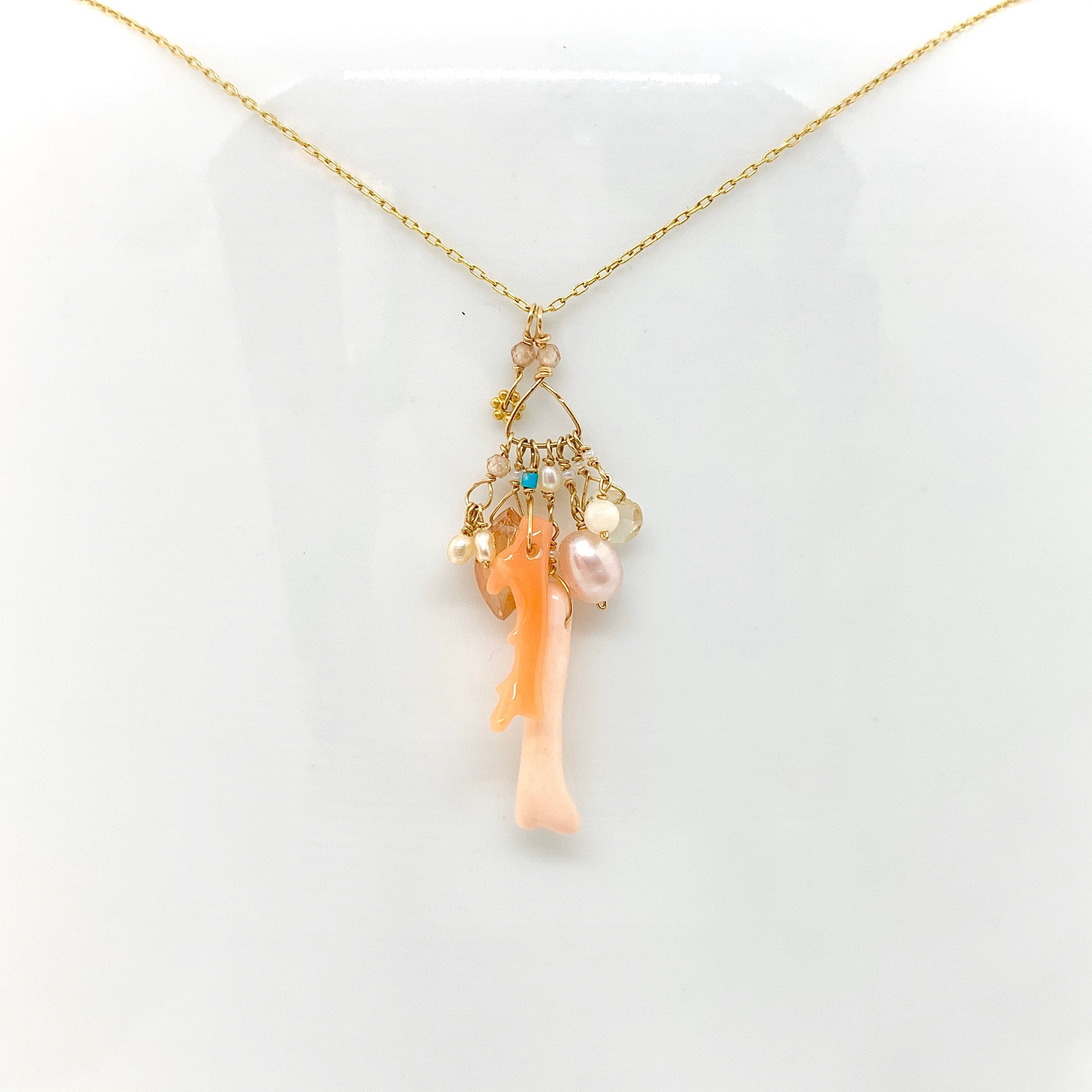 14k Gold Chain Necklace w/ 18k Gold Daisy, Coral, Freshwater Pearls, Cubic Zirconia, Quartz, Opal & Antique Italian Beads