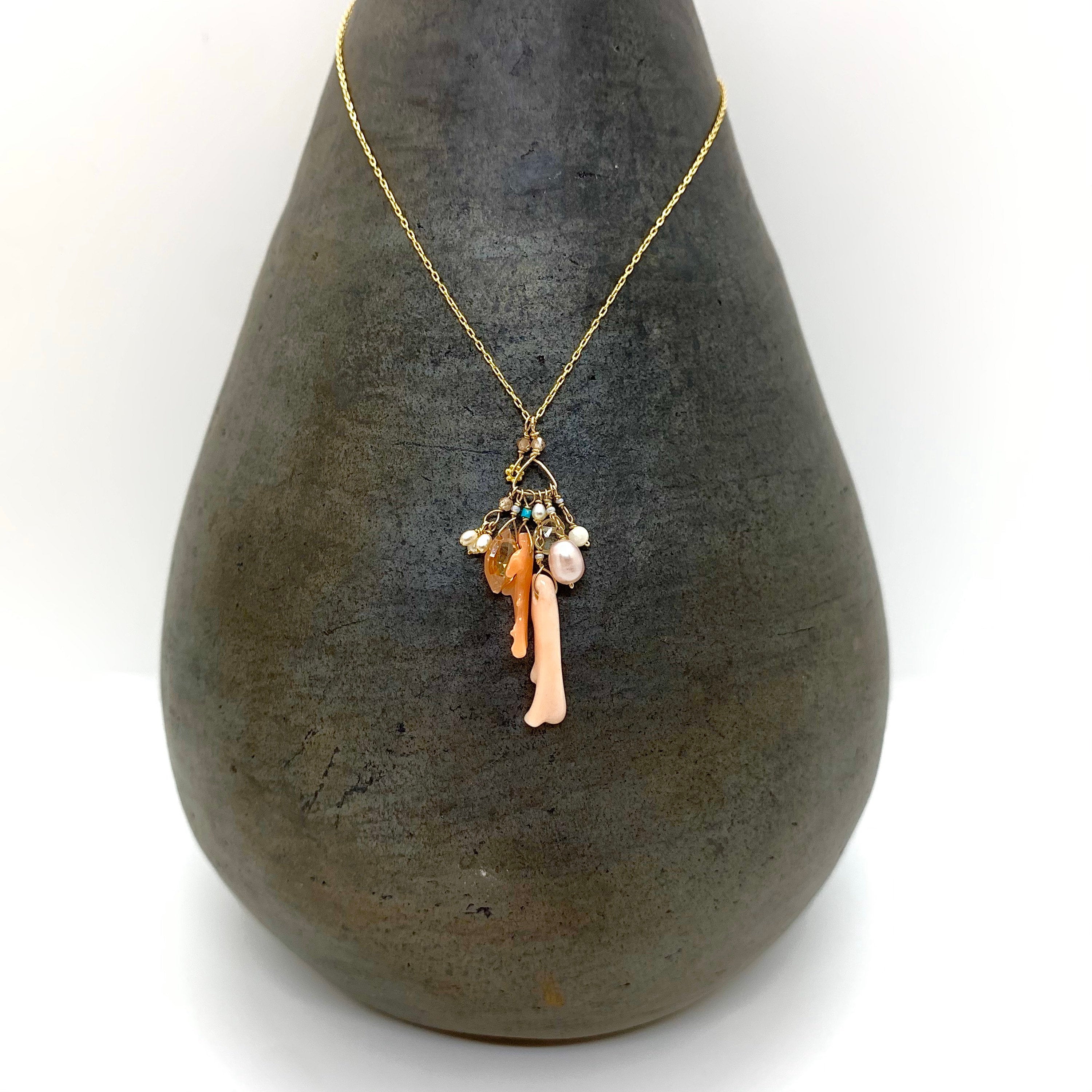 14k Gold Chain Necklace w/ 18k Gold Daisy, Coral, Freshwater Pearls, Cubic Zirconia, Quartz, Opal & Antique Italian Beads