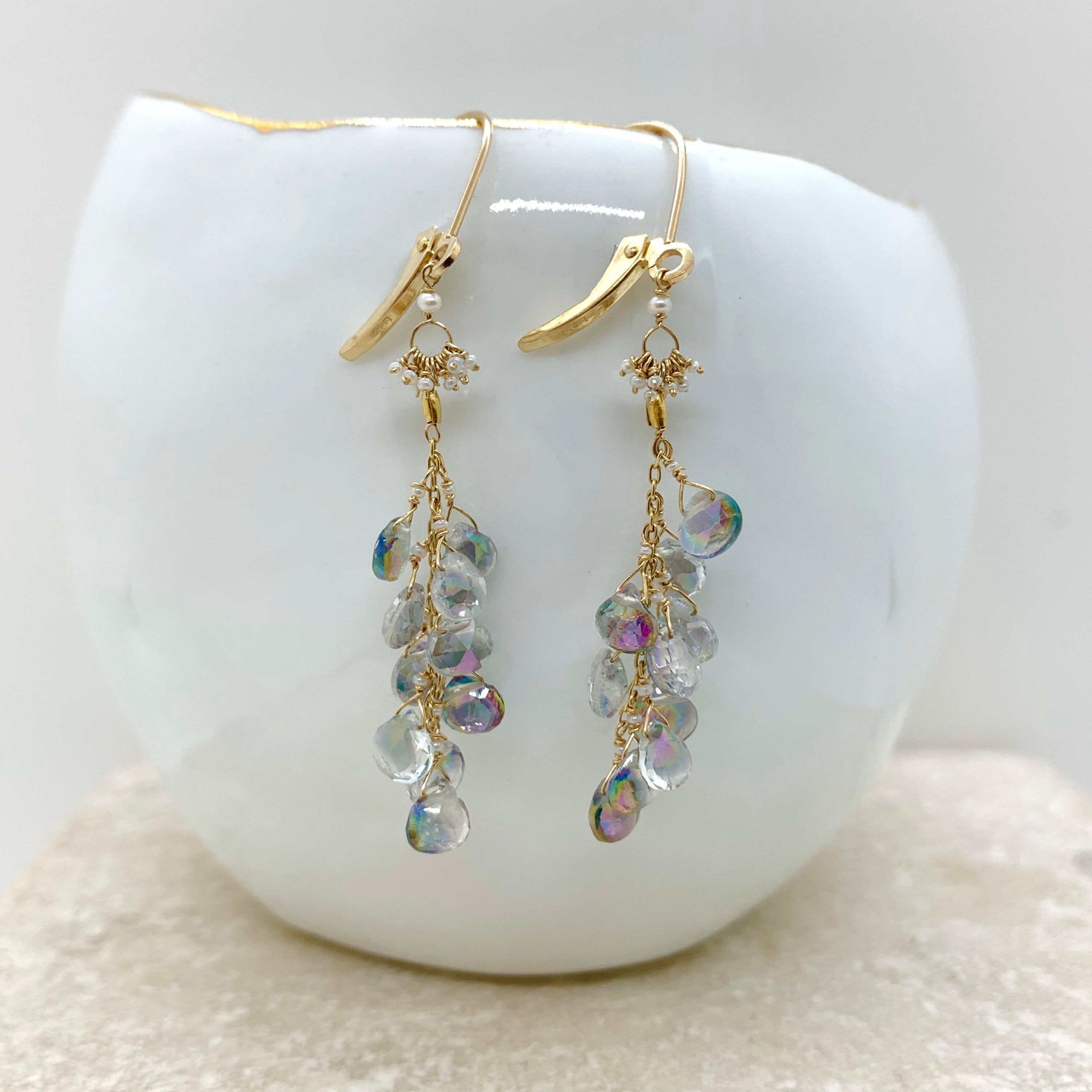 14k Gold Earrings w/ Mystic Topaz, 18k Gold Nugget & Antique Italian Beads
