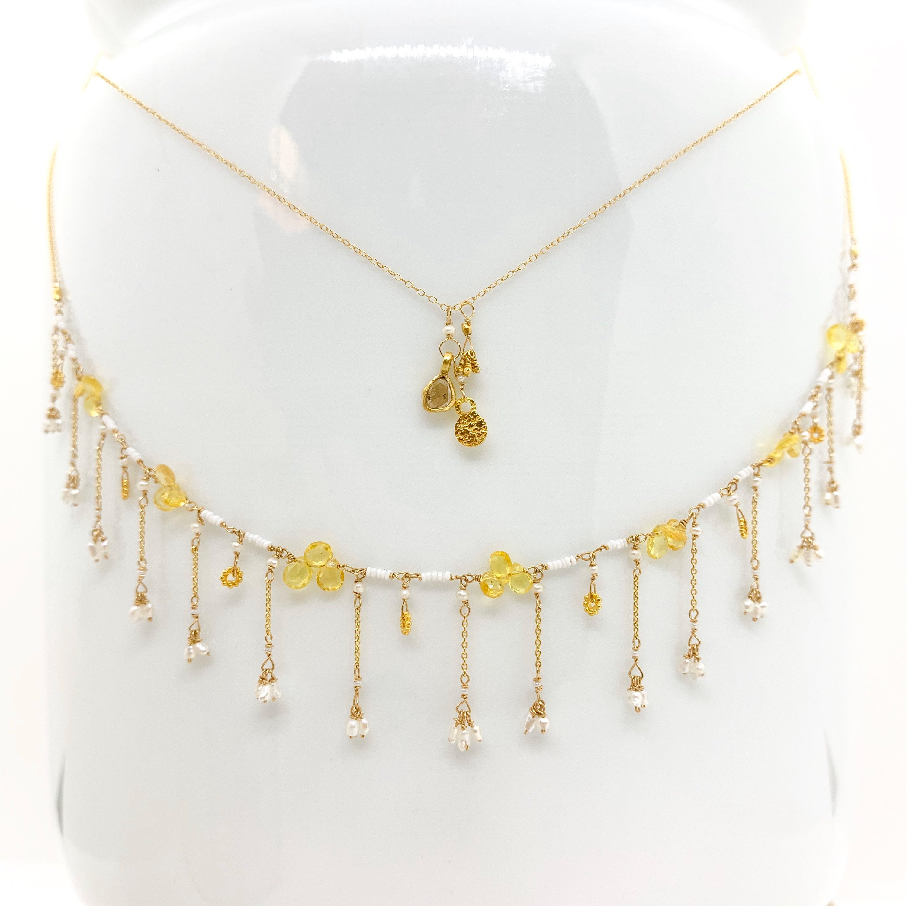 14k Gold Chain Necklace w/ 18k Gold Diamond Pendant, 18k Gold Nuggets, 18k Gold Flat Pendant & Freshwater Pearl