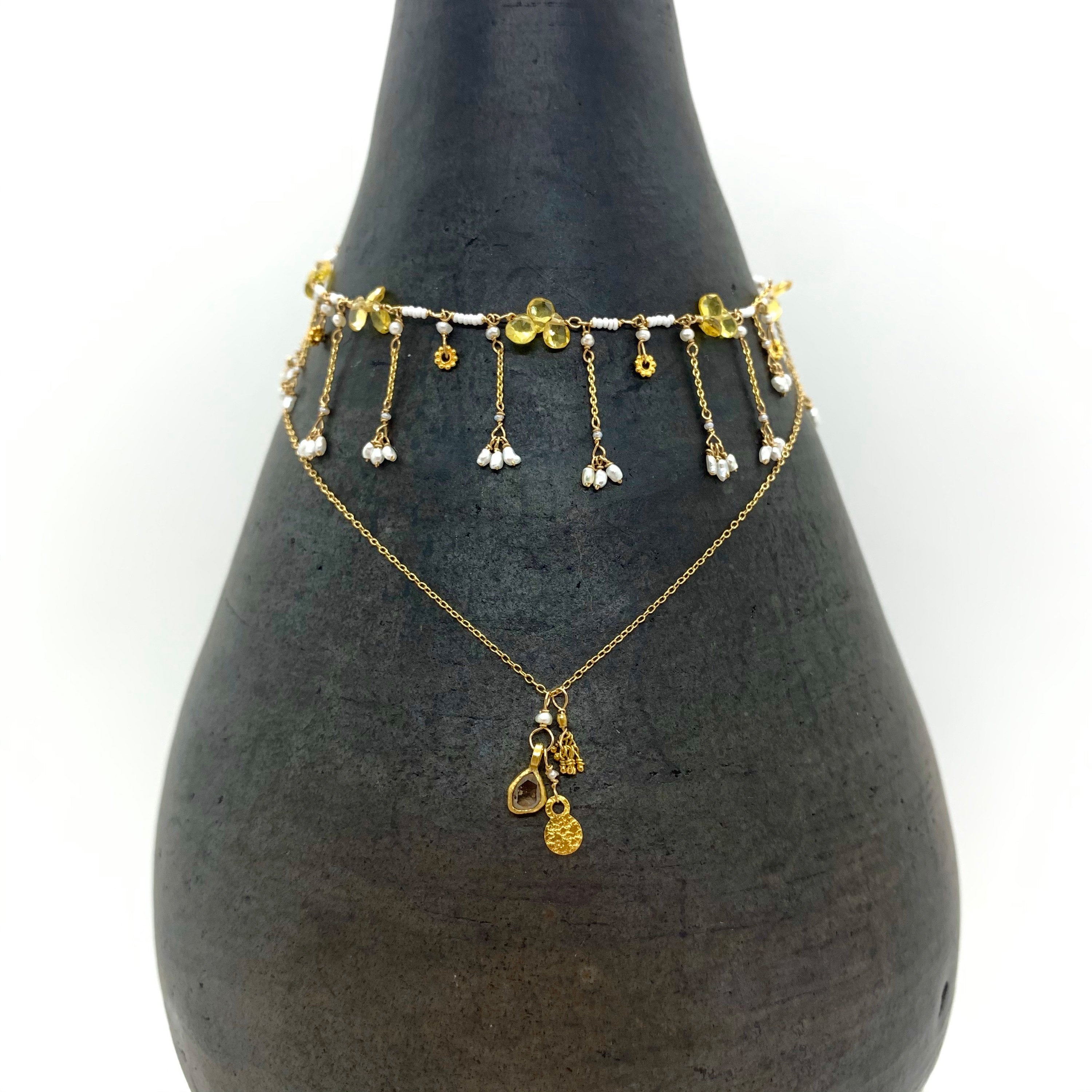 14k Gold Chain Necklace w/ 18k Gold Diamond Pendant, 18k Gold Nuggets, 18k Gold Flat Pendant & Freshwater Pearl