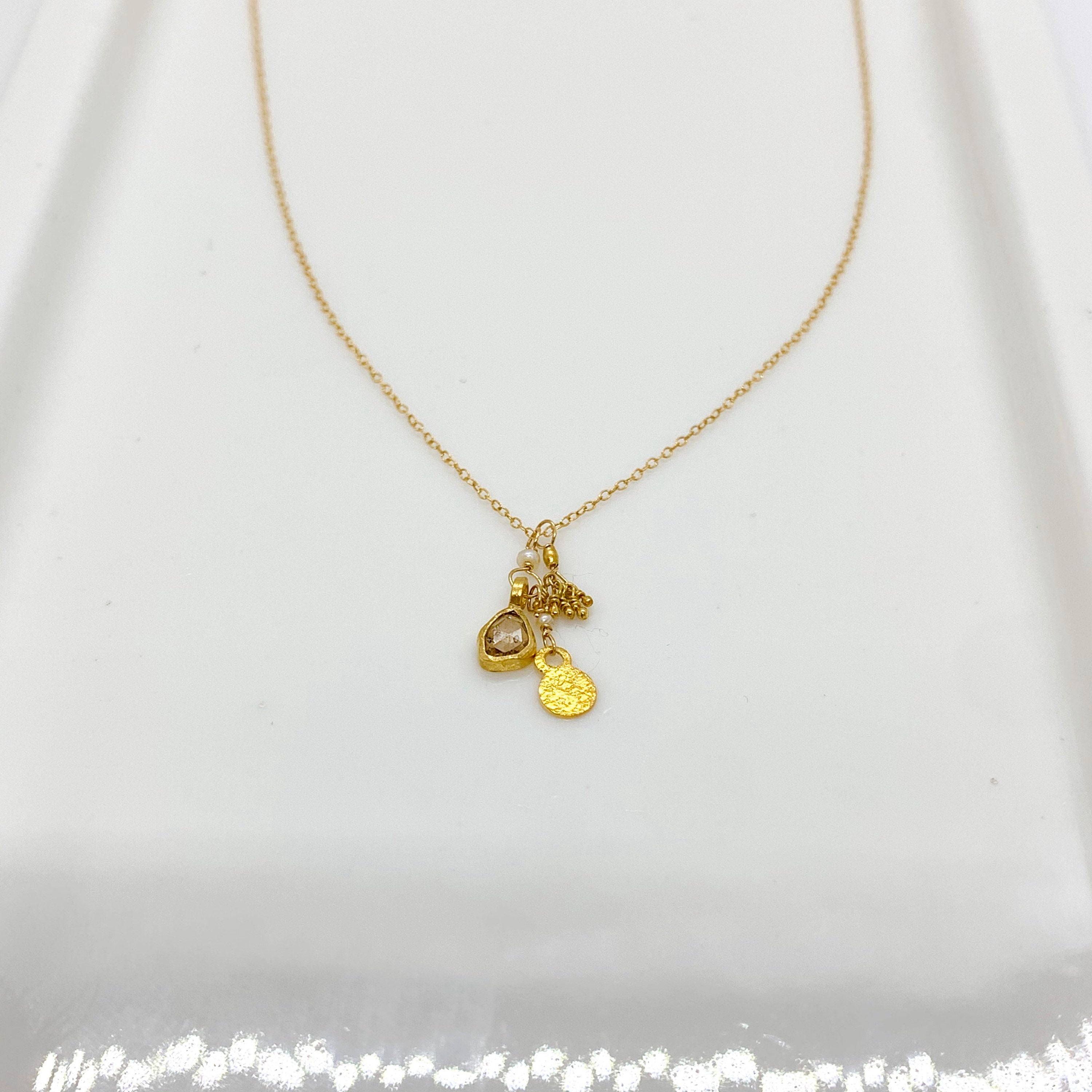 14k Gold Chain Necklace w/ 18k Gold Diamond Pendant, 18k Gold Nuggets, 18k Gold Flat Pendant & Freshwater Pearl