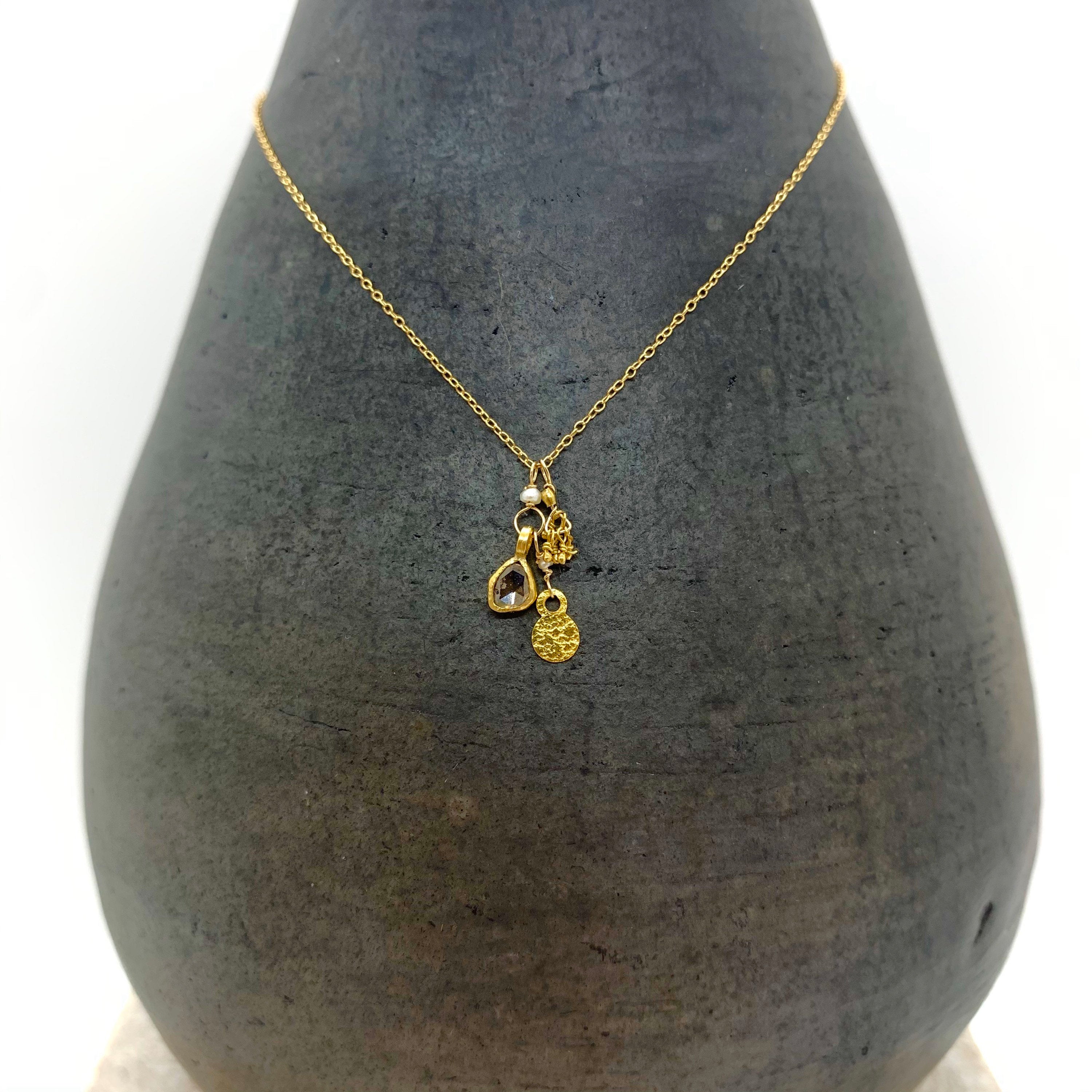 14k Gold Chain Necklace w/ 18k Gold Diamond Pendant, 18k Gold Nuggets, 18k Gold Flat Pendant & Freshwater Pearl