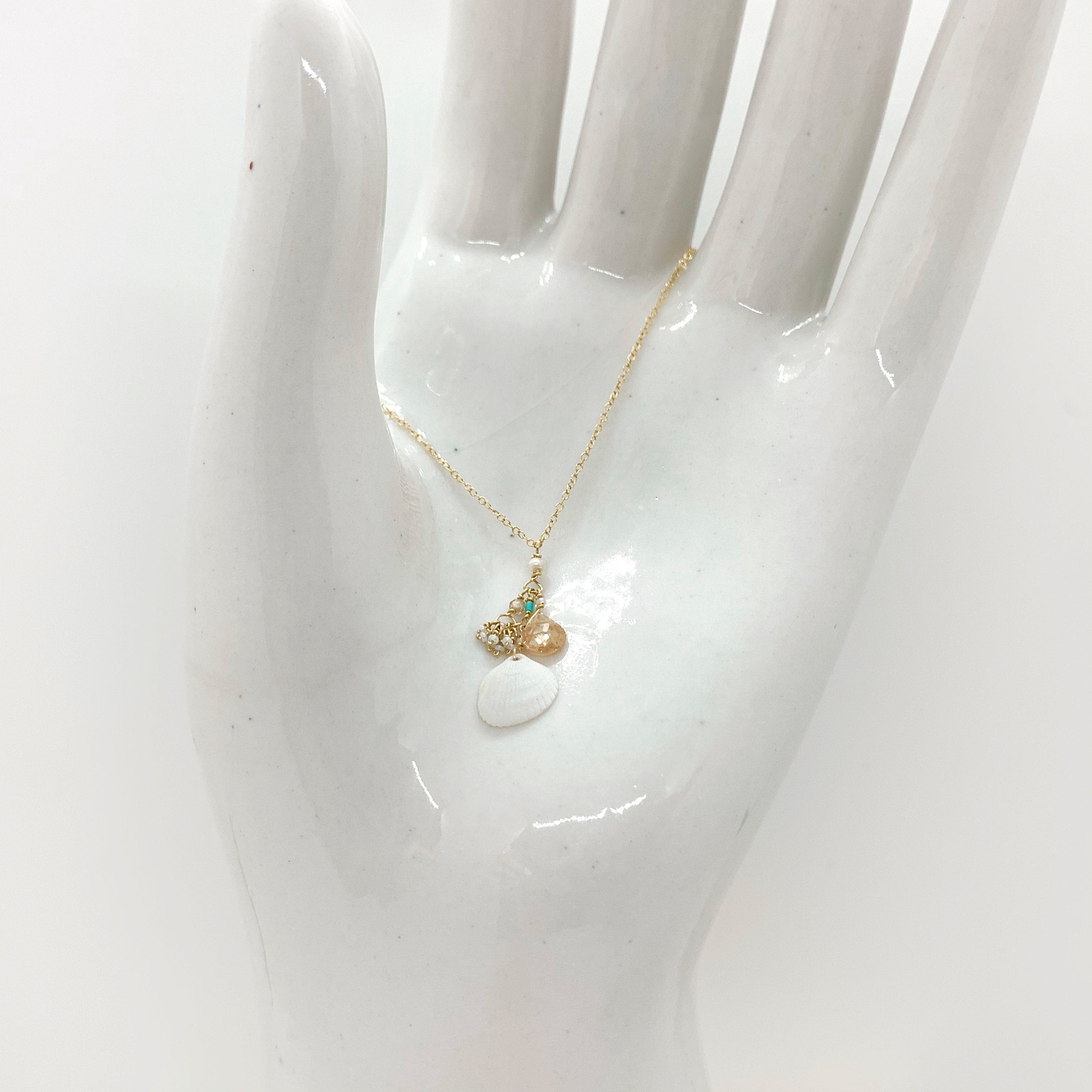 14k Gold Chain Necklace w/ Seashell, Cubic Zirconia, Quartz, Turquoise, Freshwater Pearl & Antique Italian Beads