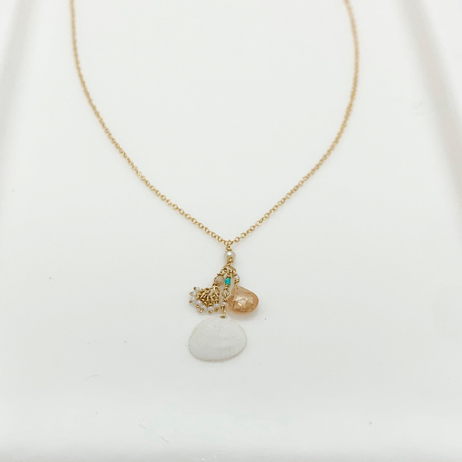 14k Gold Chain Necklace w/ Seashell, Cubic Zirconia, Quartz, Turquoise, Freshwater Pearl & Antique Italian Beads