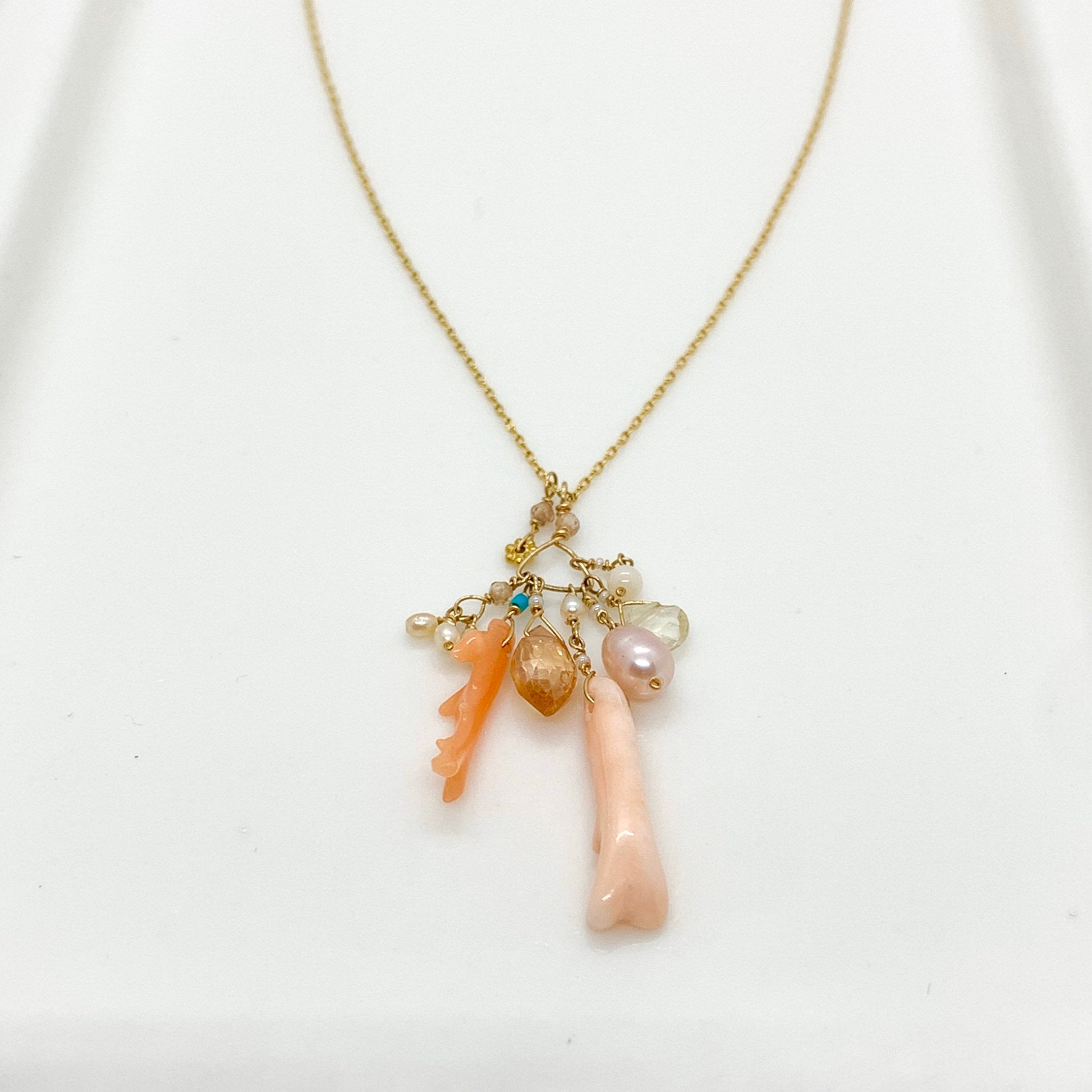 14k Gold Chain Necklace w/ 18k Gold Daisy, Coral, Freshwater Pearls, Cubic Zirconia, Quartz, Opal & Antique Italian Beads
