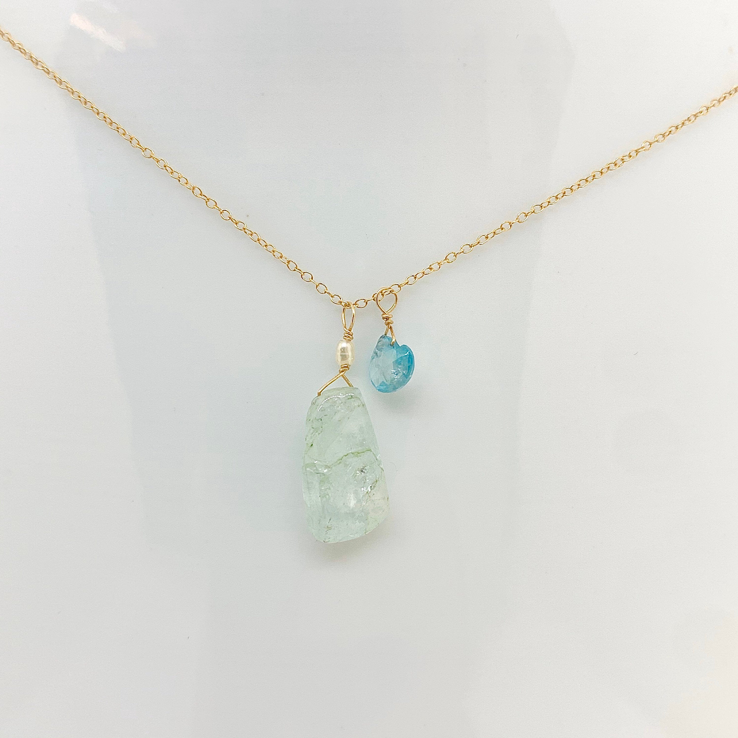 14k Gold Chain Necklace w/ Aquamarine, Opal & Keshi Pearl