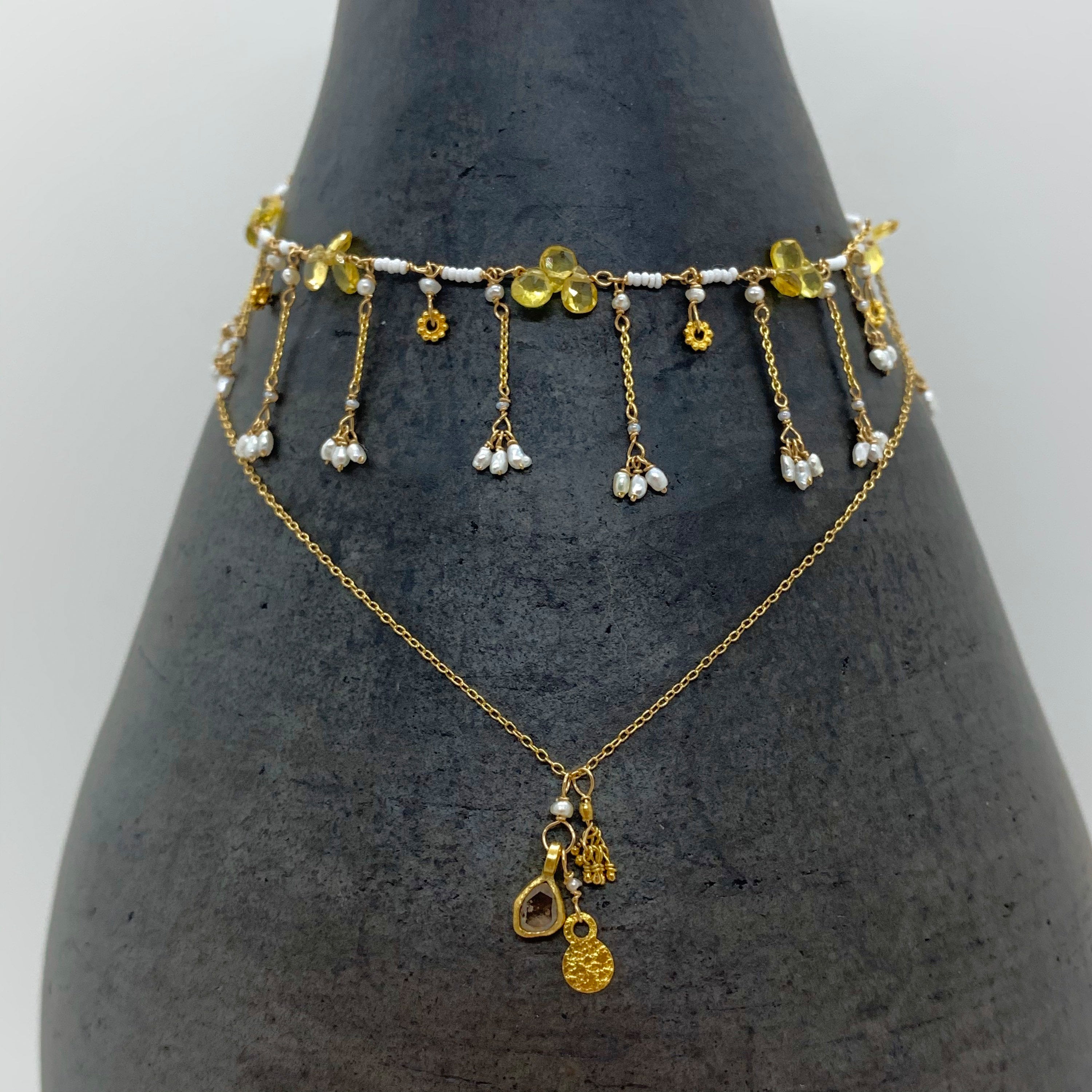 14k Gold Chain Necklace w/ 18k Gold Diamond Pendant, 18k Gold Nuggets, 18k Gold Flat Pendant & Freshwater Pearl
