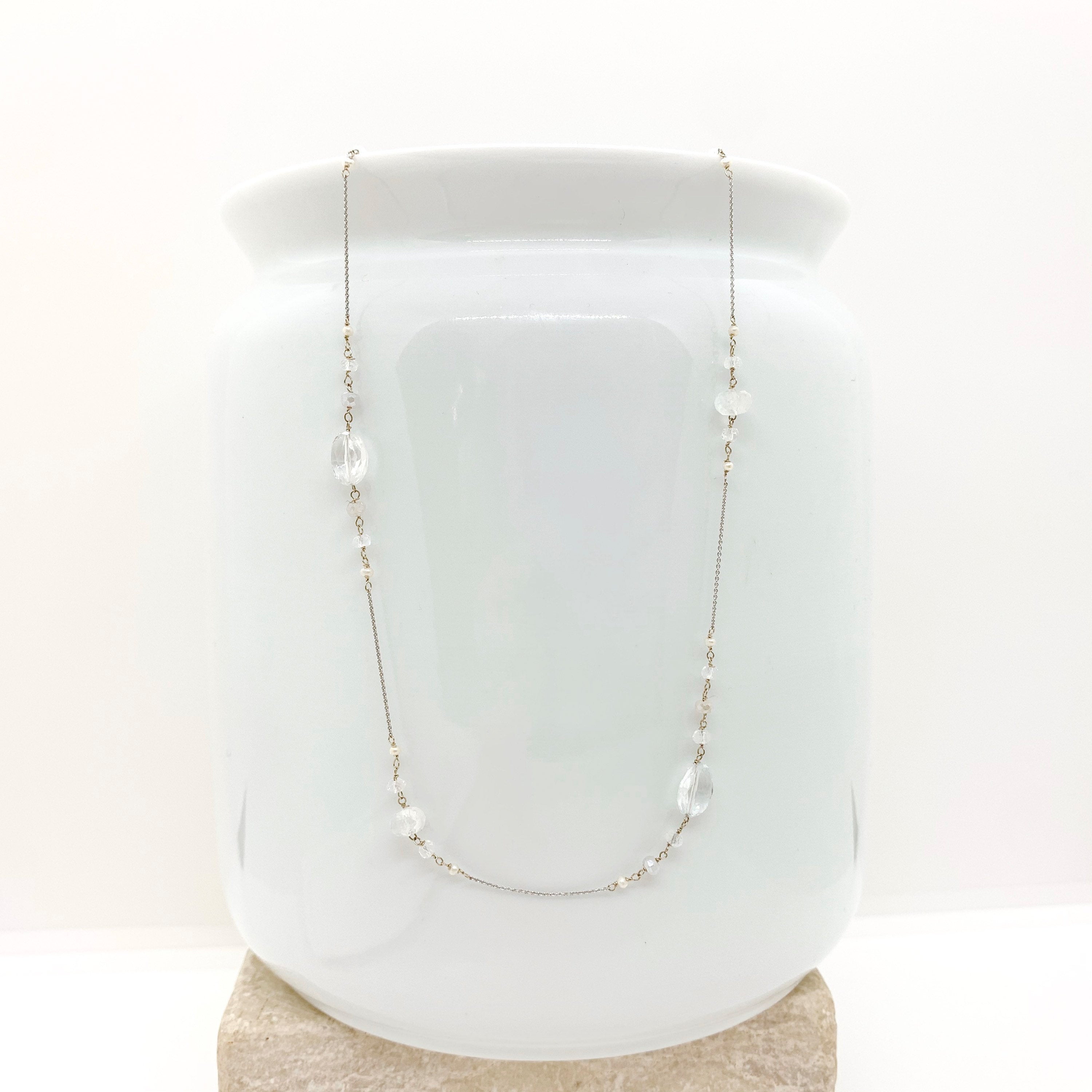 14K GOLD CHAIN Necklace - White Gold Necklace - Moonstone Necklace - Freshwater Pearls - Women Gold Jewelry - White Gold Chain