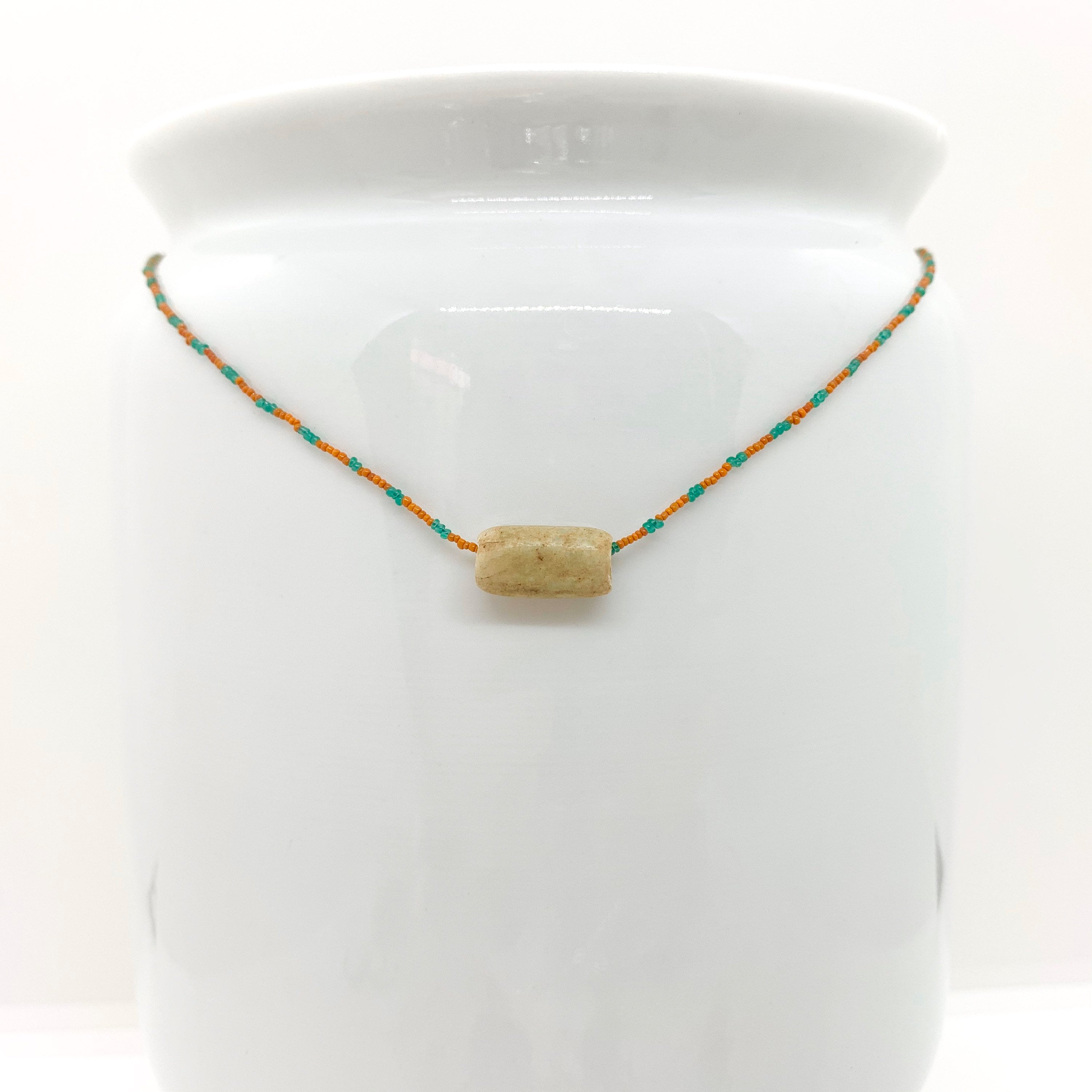 String Beaded Necklace w/ Pre-Columbian White Jade & Antique Italian Beads