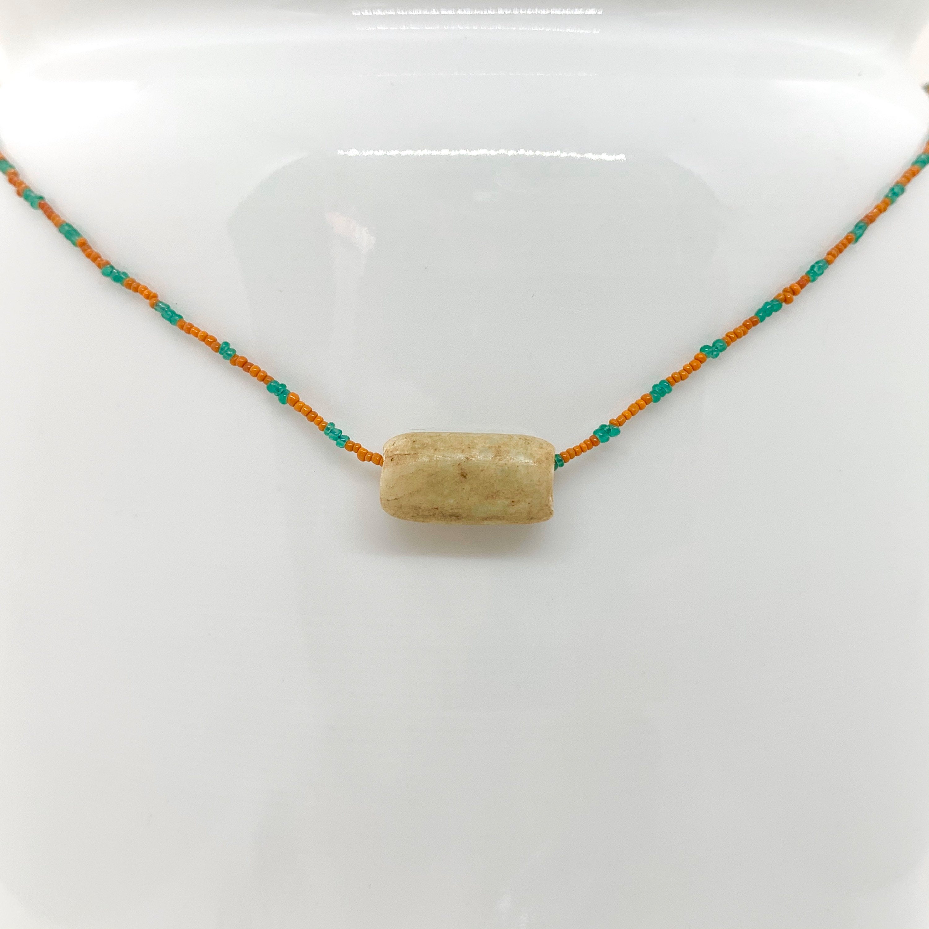 String Beaded Necklace w/ Pre-Columbian White Jade & Antique Italian Beads