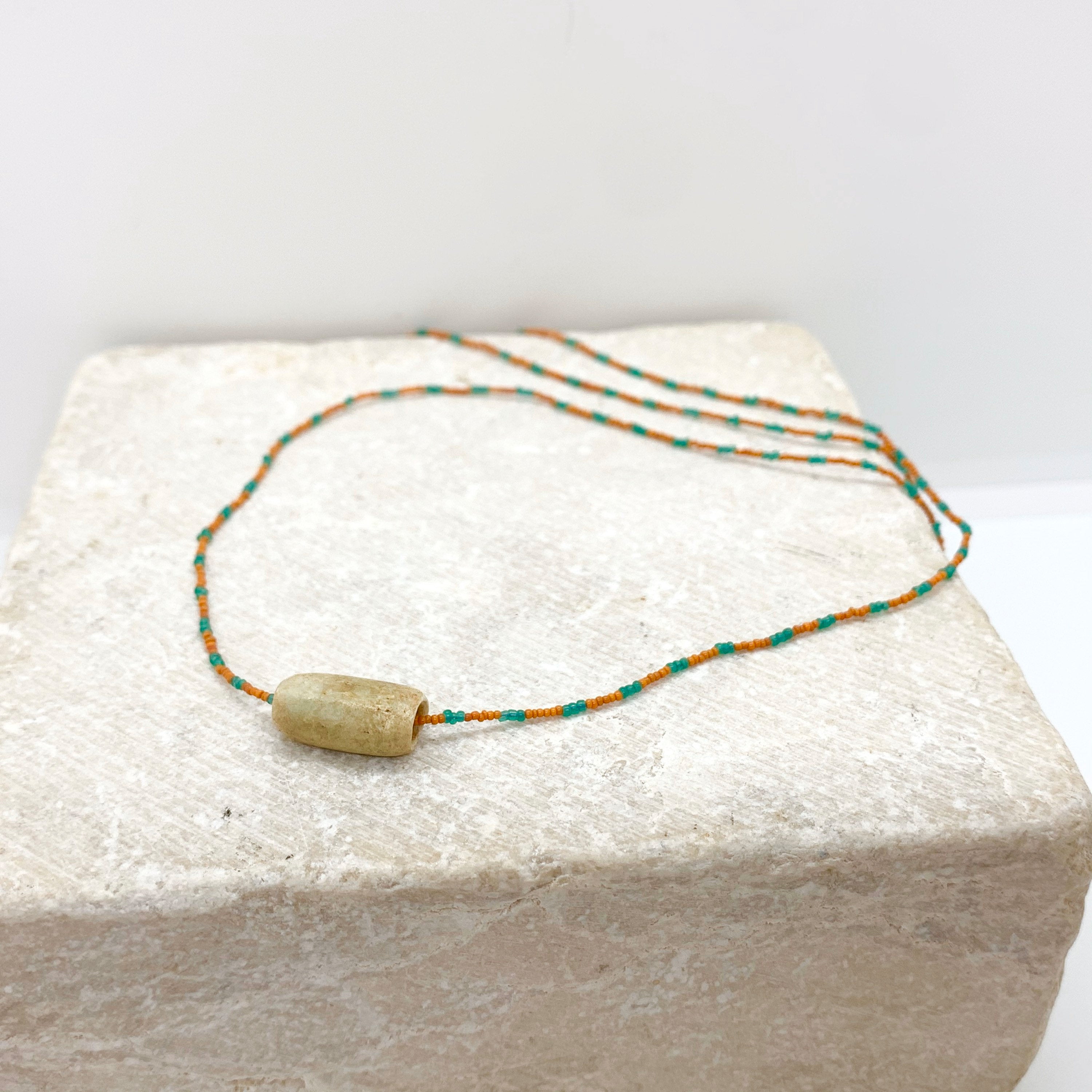 String Beaded Necklace w/ Pre-Columbian White Jade & Antique Italian Beads