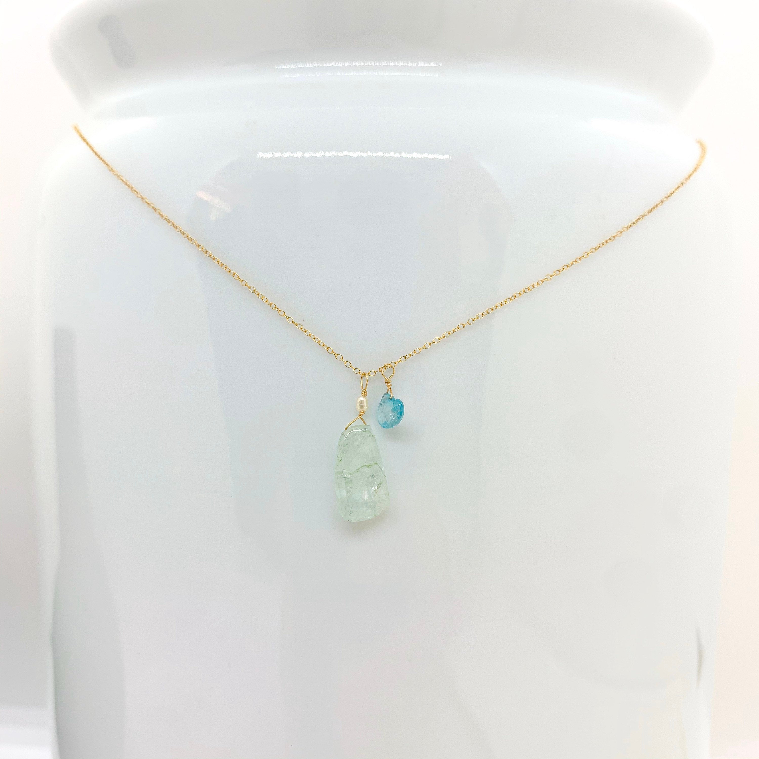 14k Gold Chain Necklace w/ Aquamarine, Opal & Keshi Pearl