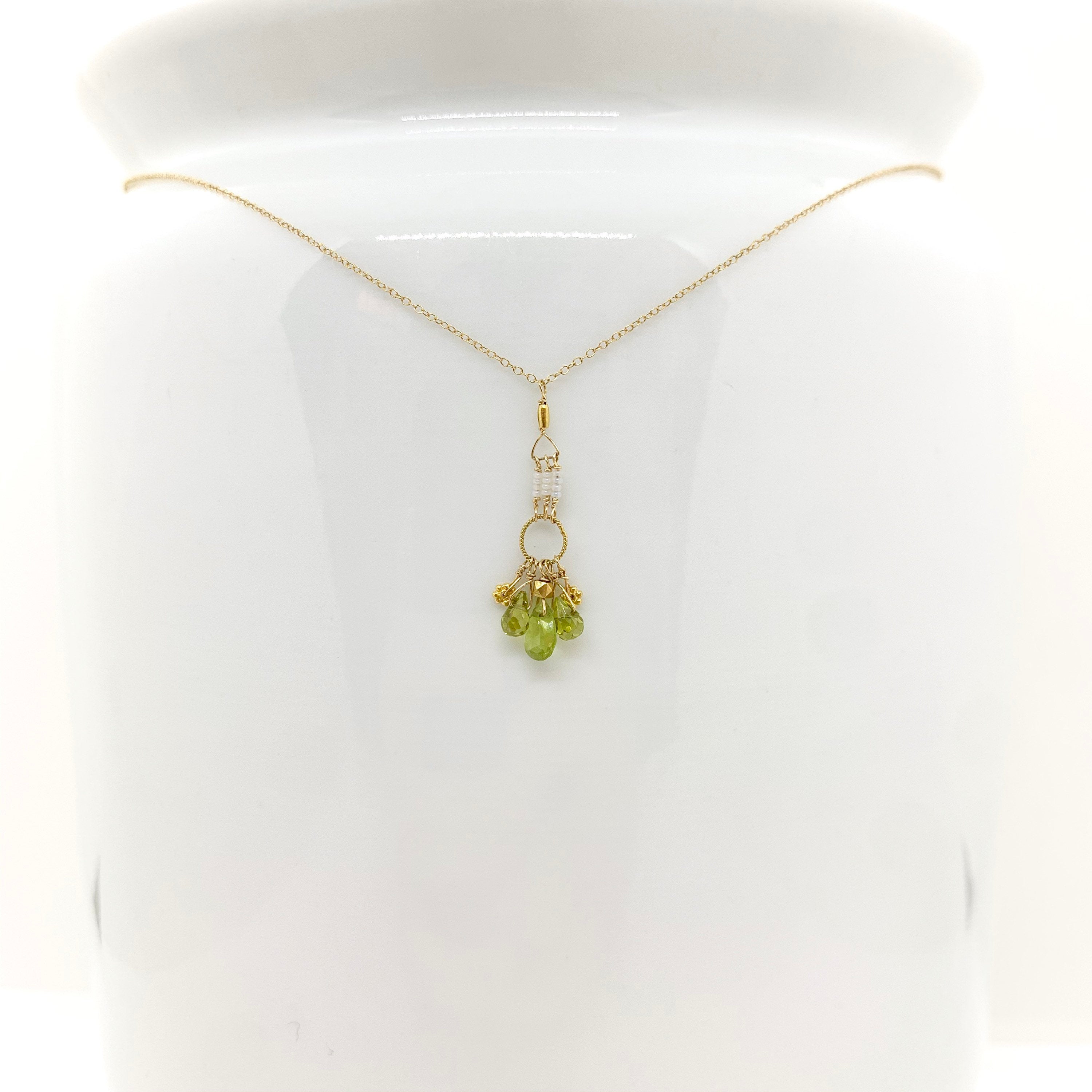 14k Gold Chain Necklace w/ Peridot, 18k Gold Daisies, 18k Gold Nuggets, 18k Gold Loop & Antique Italian Beads
