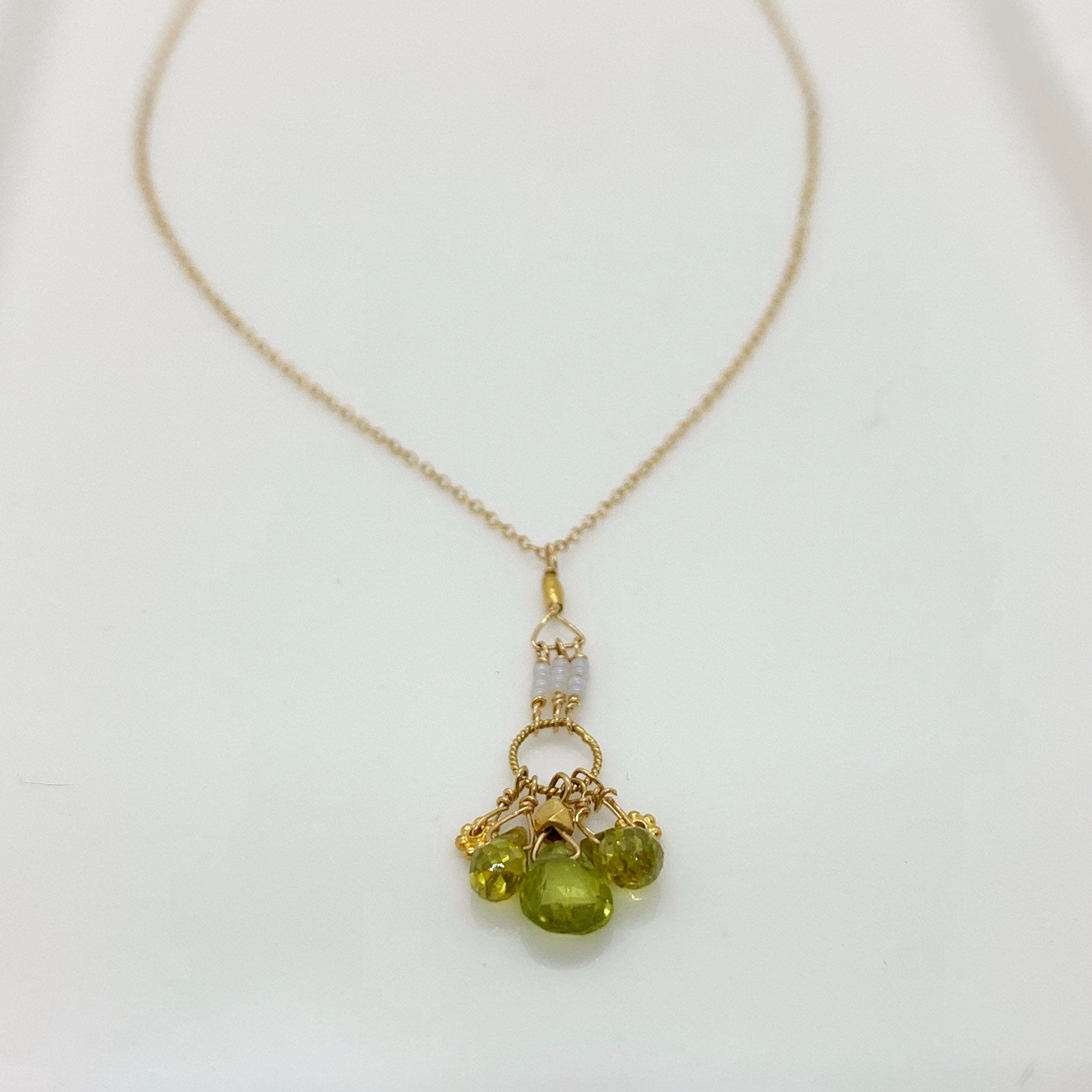14k Gold Chain Necklace w/ Peridot, 18k Gold Daisies, 18k Gold Nuggets, 18k Gold Loop & Antique Italian Beads